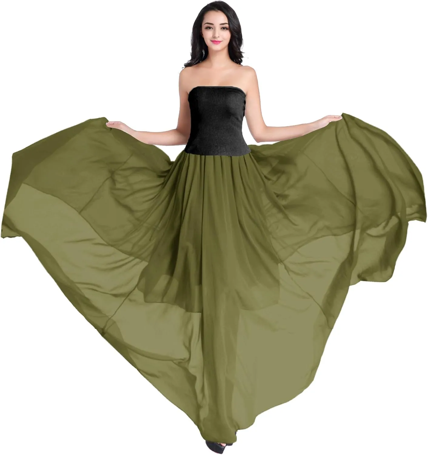 v28 Women Full/Ankle Length Elastic Pleated Retro Maxi Chiffon Long Skirt