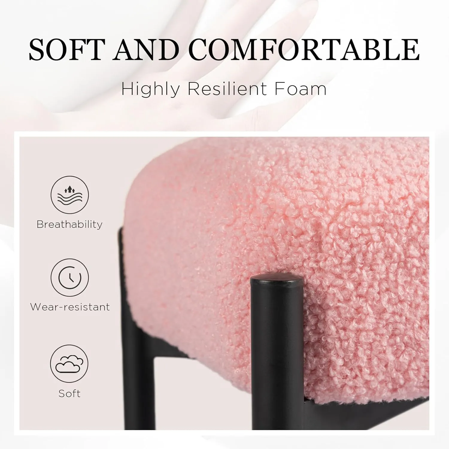 Vanity Stool Chair Faux Fur, 16.3" L x 12.8" W x 17.3" H Soft Ottoman, Makeup Chair Bench Furry Padded Seat with 4 Metal Legs, Footstool Multifunctional Chairs for Bedroom, Living Room, Pink