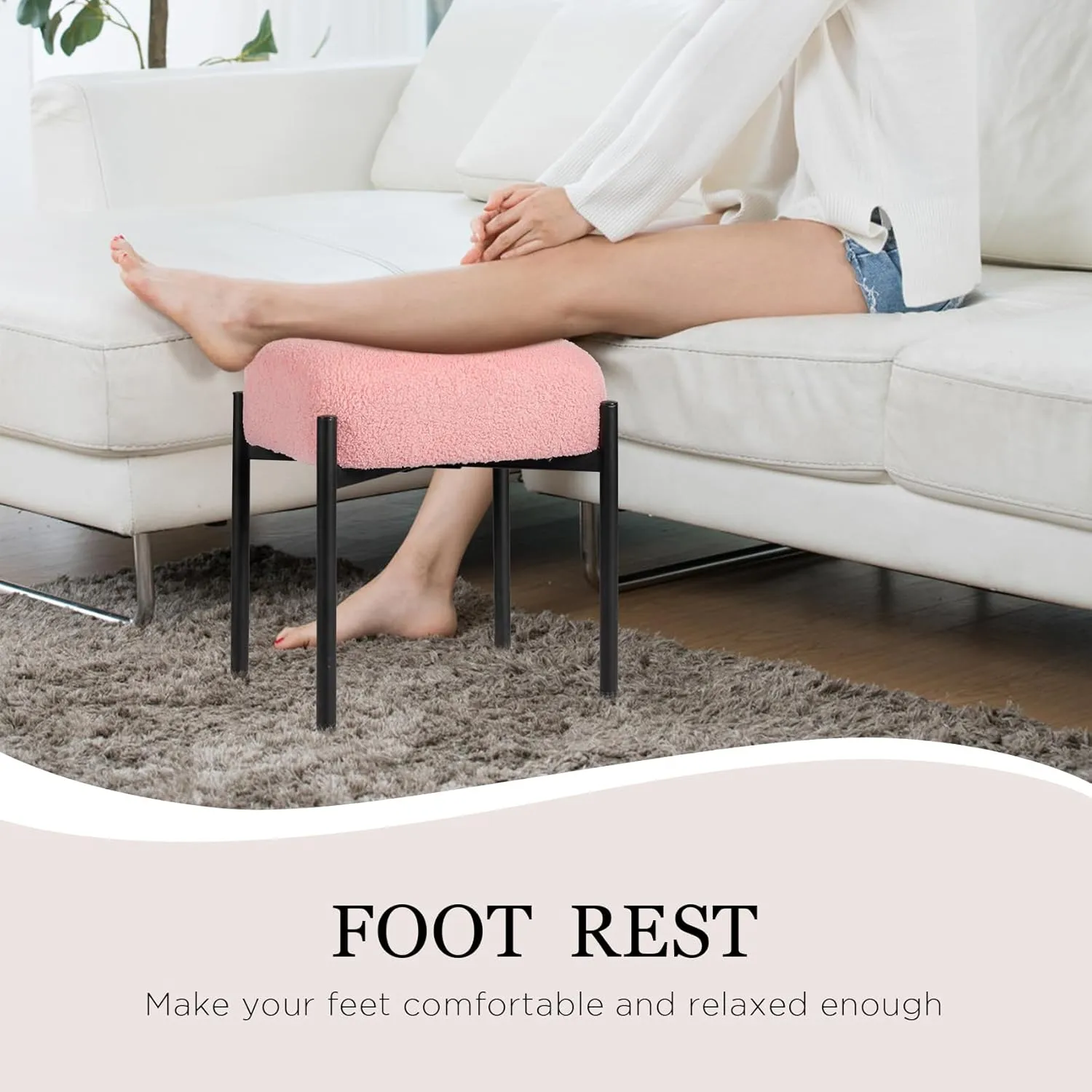 Vanity Stool Chair Faux Fur, 16.3" L x 12.8" W x 17.3" H Soft Ottoman, Makeup Chair Bench Furry Padded Seat with 4 Metal Legs, Footstool Multifunctional Chairs for Bedroom, Living Room, Pink