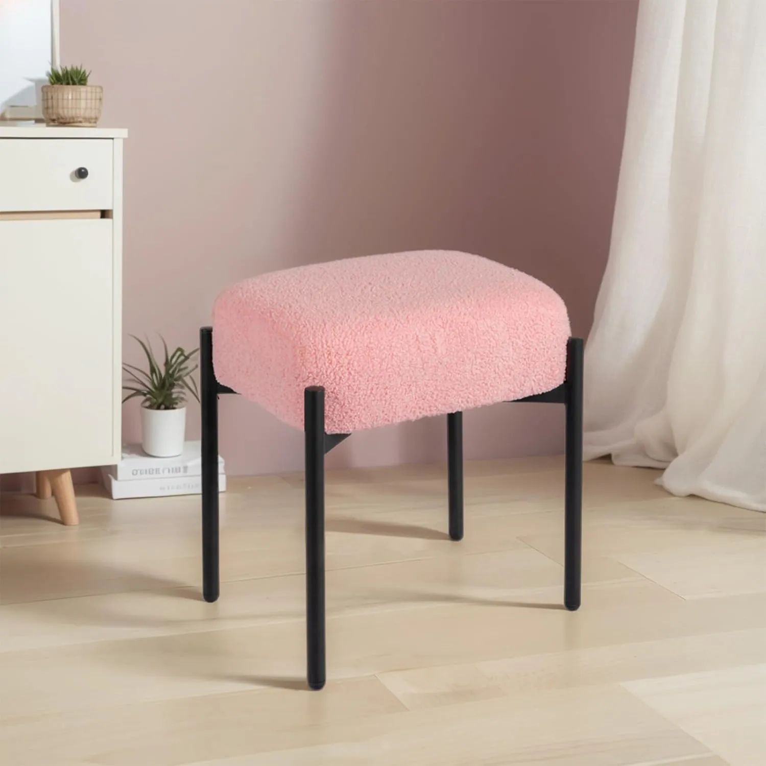Vanity Stool Chair Faux Fur, 16.3" L x 12.8" W x 17.3" H Soft Ottoman, Makeup Chair Bench Furry Padded Seat with 4 Metal Legs, Footstool Multifunctional Chairs for Bedroom, Living Room, Pink