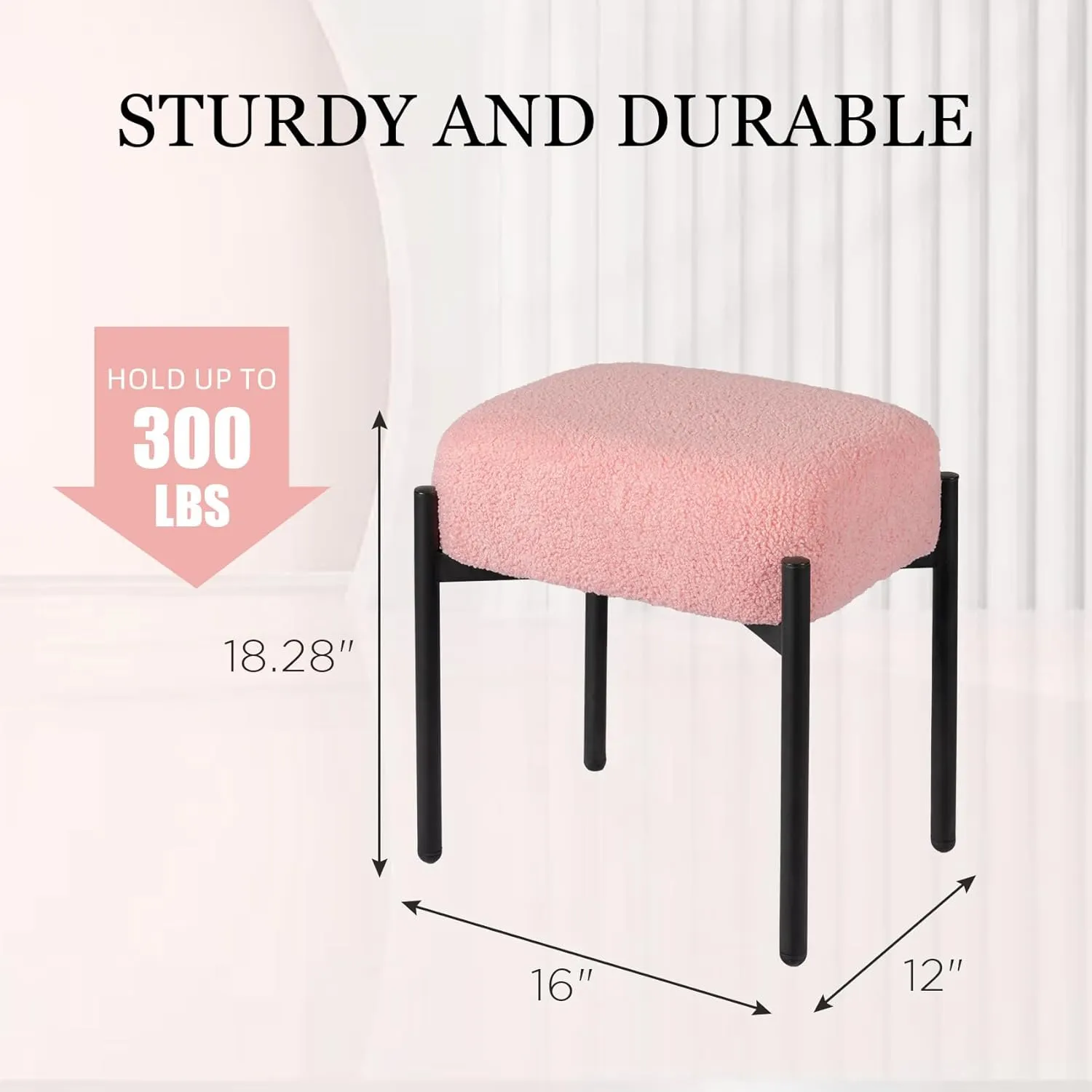 Vanity Stool Chair Faux Fur, 16.3" L x 12.8" W x 17.3" H Soft Ottoman, Makeup Chair Bench Furry Padded Seat with 4 Metal Legs, Footstool Multifunctional Chairs for Bedroom, Living Room, Pink