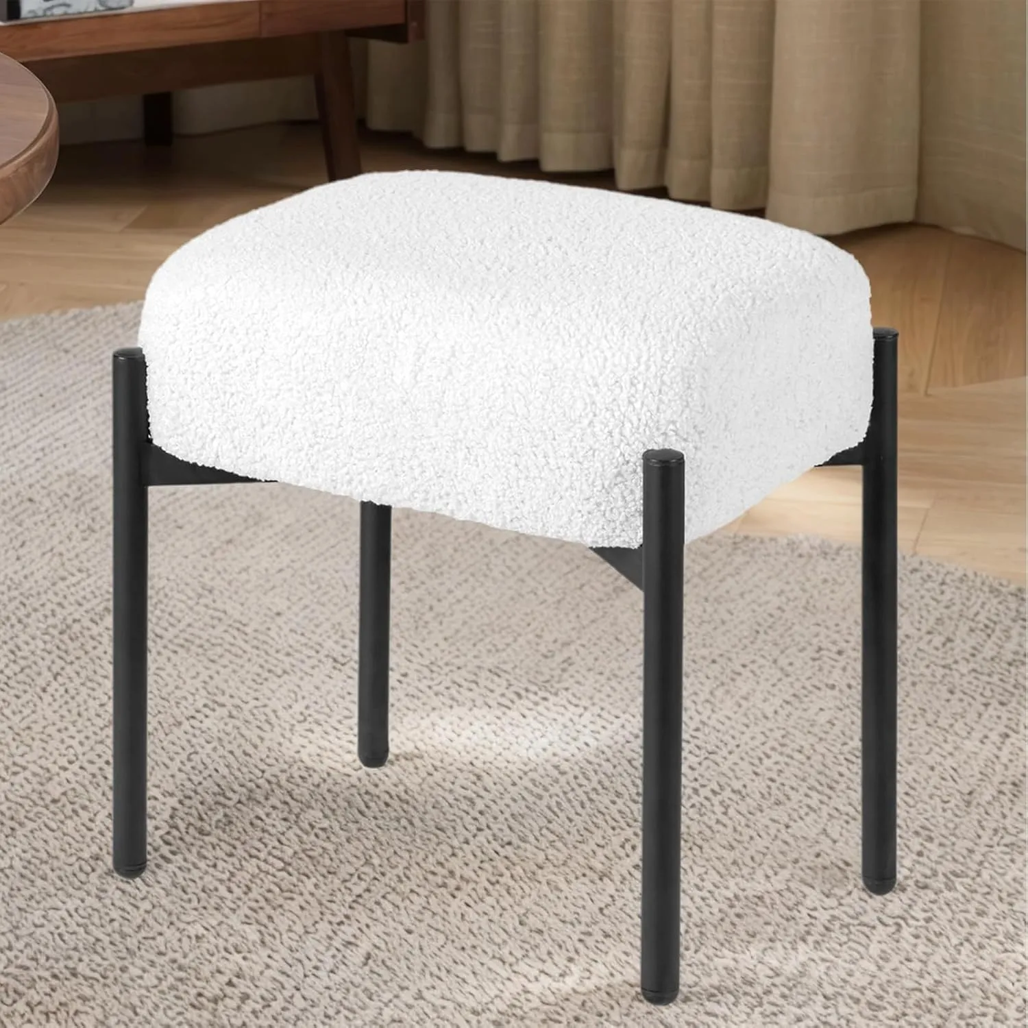 Vanity Stool Chair Faux Fur, 16.3" L x 12.8" W x 17.3" H Soft Ottoman, Makeup Chair Bench Furry Padded Seat with 4 Metal Legs, Footstool Multifunctional Chairs for Bedroom, Living Room