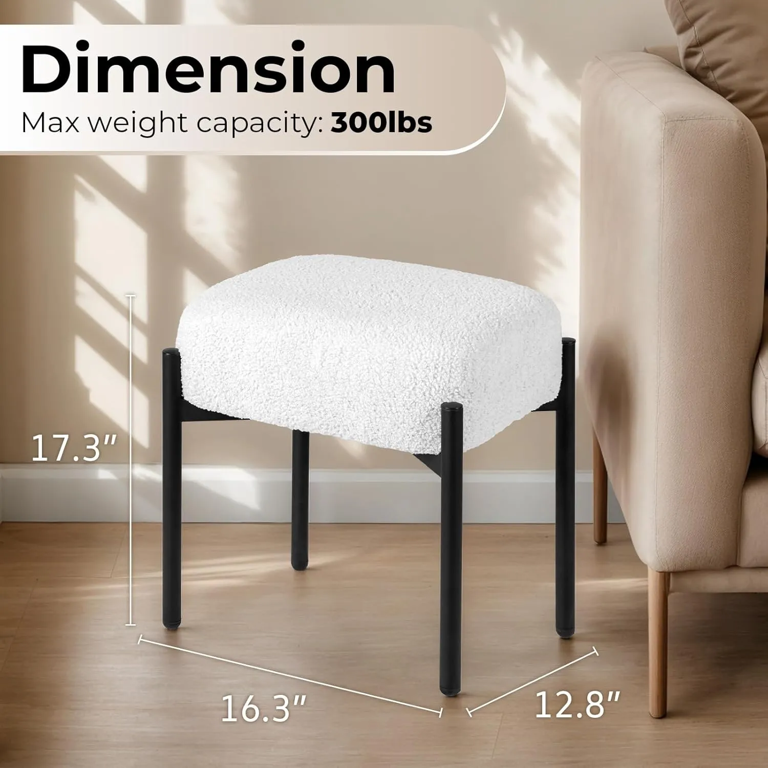 Vanity Stool Chair Faux Fur, 16.3" L x 12.8" W x 17.3" H Soft Ottoman, Makeup Chair Bench Furry Padded Seat with 4 Metal Legs, Footstool Multifunctional Chairs for Bedroom, Living Room