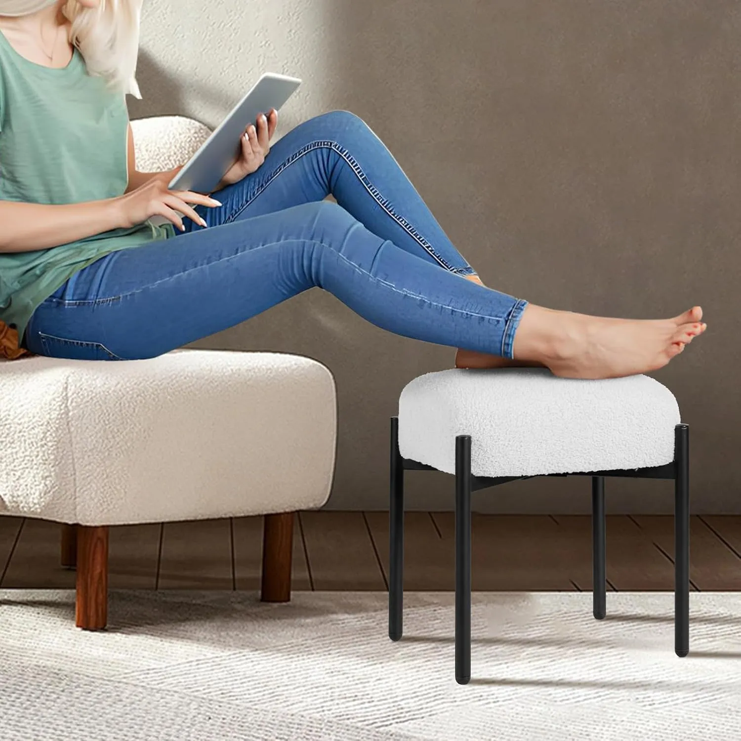 Vanity Stool Chair Faux Fur, 16.3" L x 12.8" W x 17.3" H Soft Ottoman, Makeup Chair Bench Furry Padded Seat with 4 Metal Legs, Footstool Multifunctional Chairs for Bedroom, Living Room