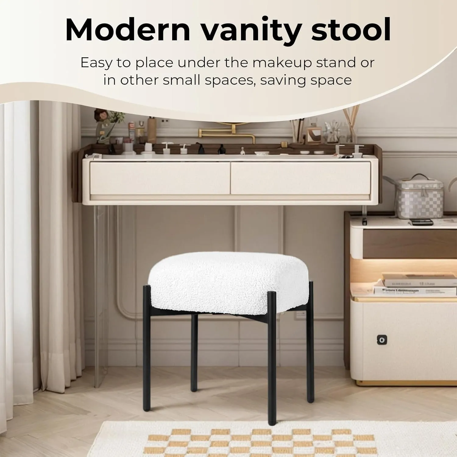 Vanity Stool Chair Faux Fur, 16.3" L x 12.8" W x 17.3" H Soft Ottoman, Makeup Chair Bench Furry Padded Seat with 4 Metal Legs, Footstool Multifunctional Chairs for Bedroom, Living Room