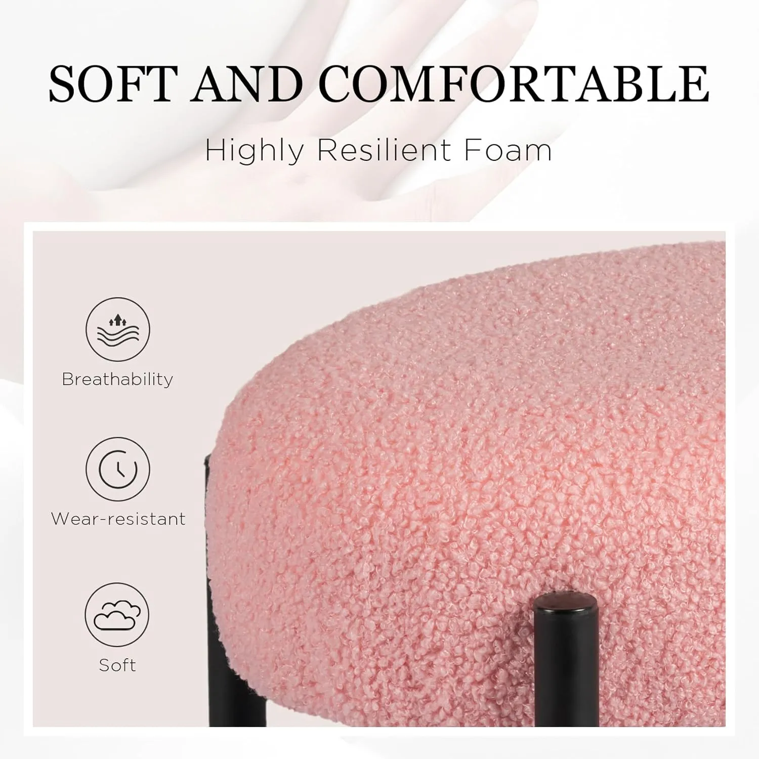 Vanity Stool Chair Faux Teddy Dog Fur, Soft Ottoman Footrest Stool for Vanity, Round Makeup Chair Side Table with Metal Legs, Modern Ottoman Footstool for Bedroom, Living Room (Pink)
