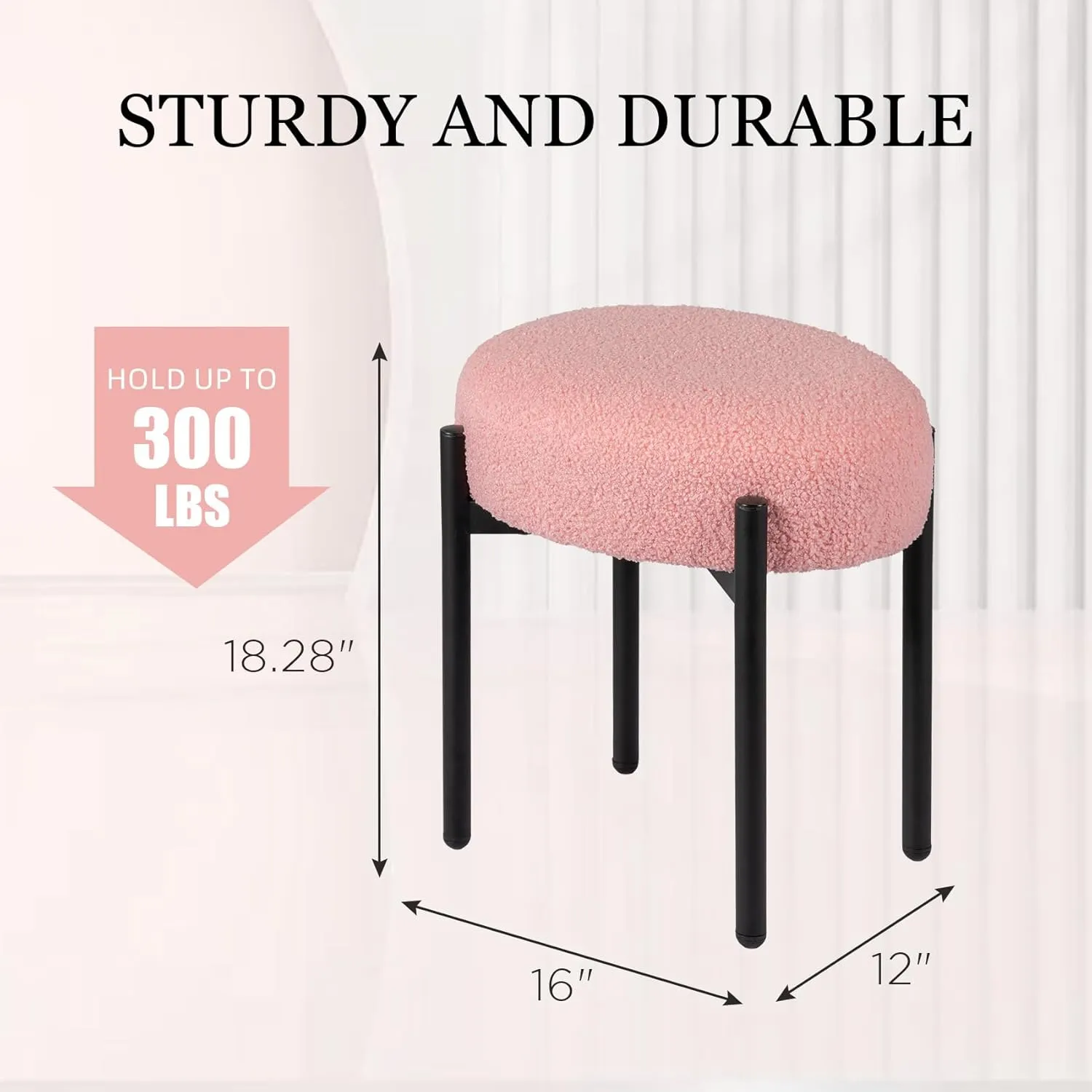 Vanity Stool Chair Faux Teddy Dog Fur, Soft Ottoman Footrest Stool for Vanity, Round Makeup Chair Side Table with Metal Legs, Modern Ottoman Footstool for Bedroom, Living Room (Pink)