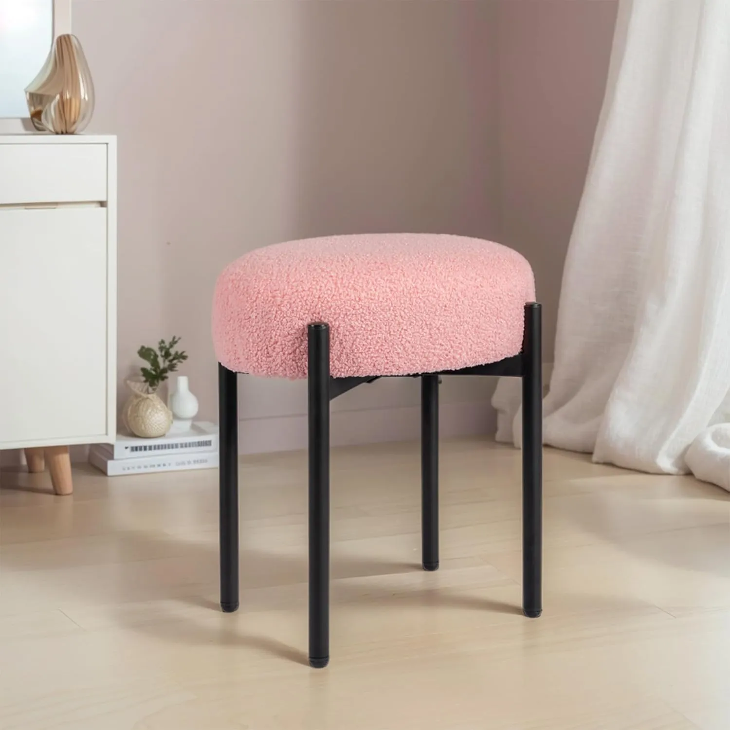 Vanity Stool Chair Faux Teddy Dog Fur, Soft Ottoman Footrest Stool for Vanity, Round Makeup Chair Side Table with Metal Legs, Modern Ottoman Footstool for Bedroom, Living Room (Pink)