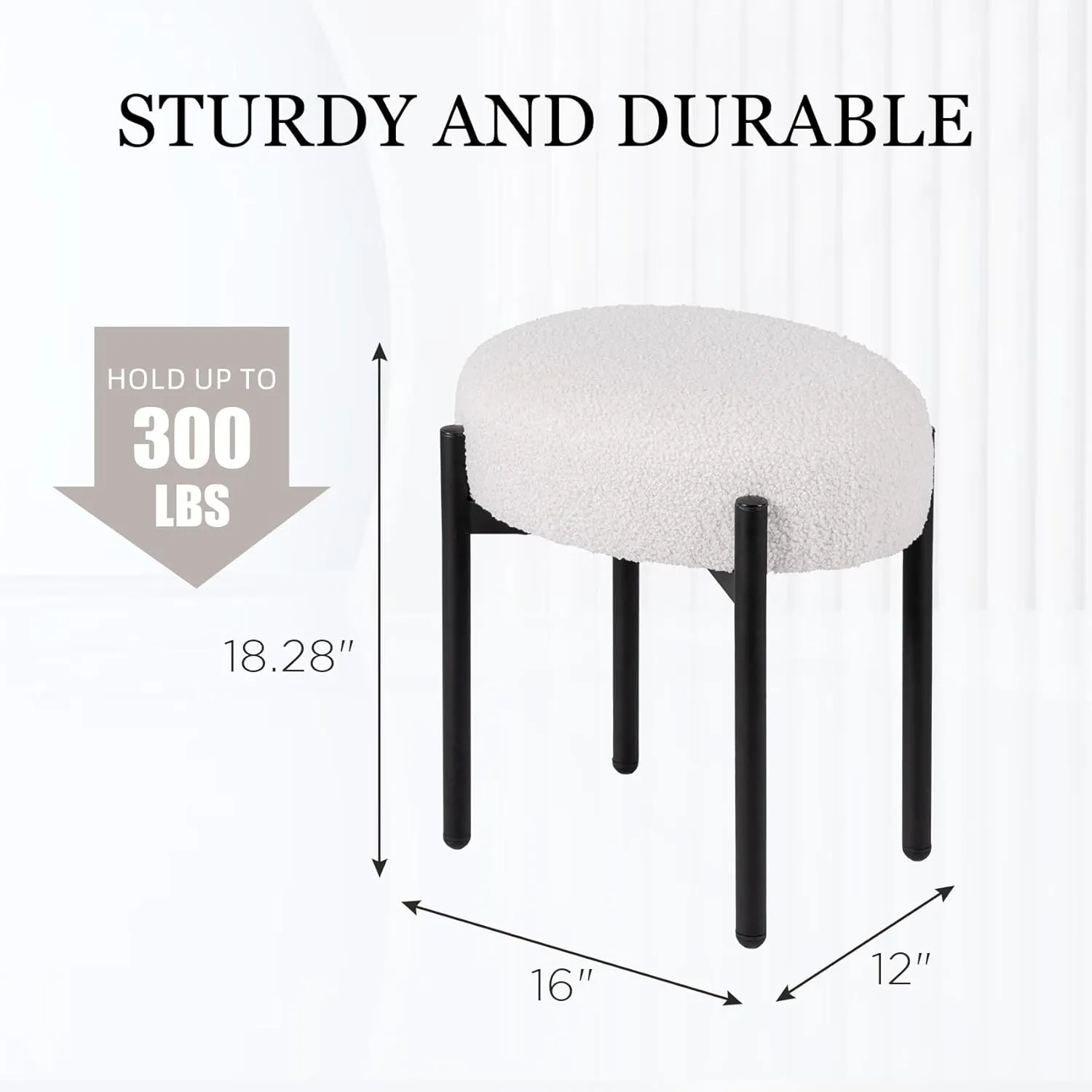 Vanity Stool Chair Faux Teddy Dog Fur, Soft Ottoman Footrest Stool for Vanity, Round Makeup Chair Side Table with Metal Legs, Modern Ottoman Footstool for Bedroom, Living Room, White
