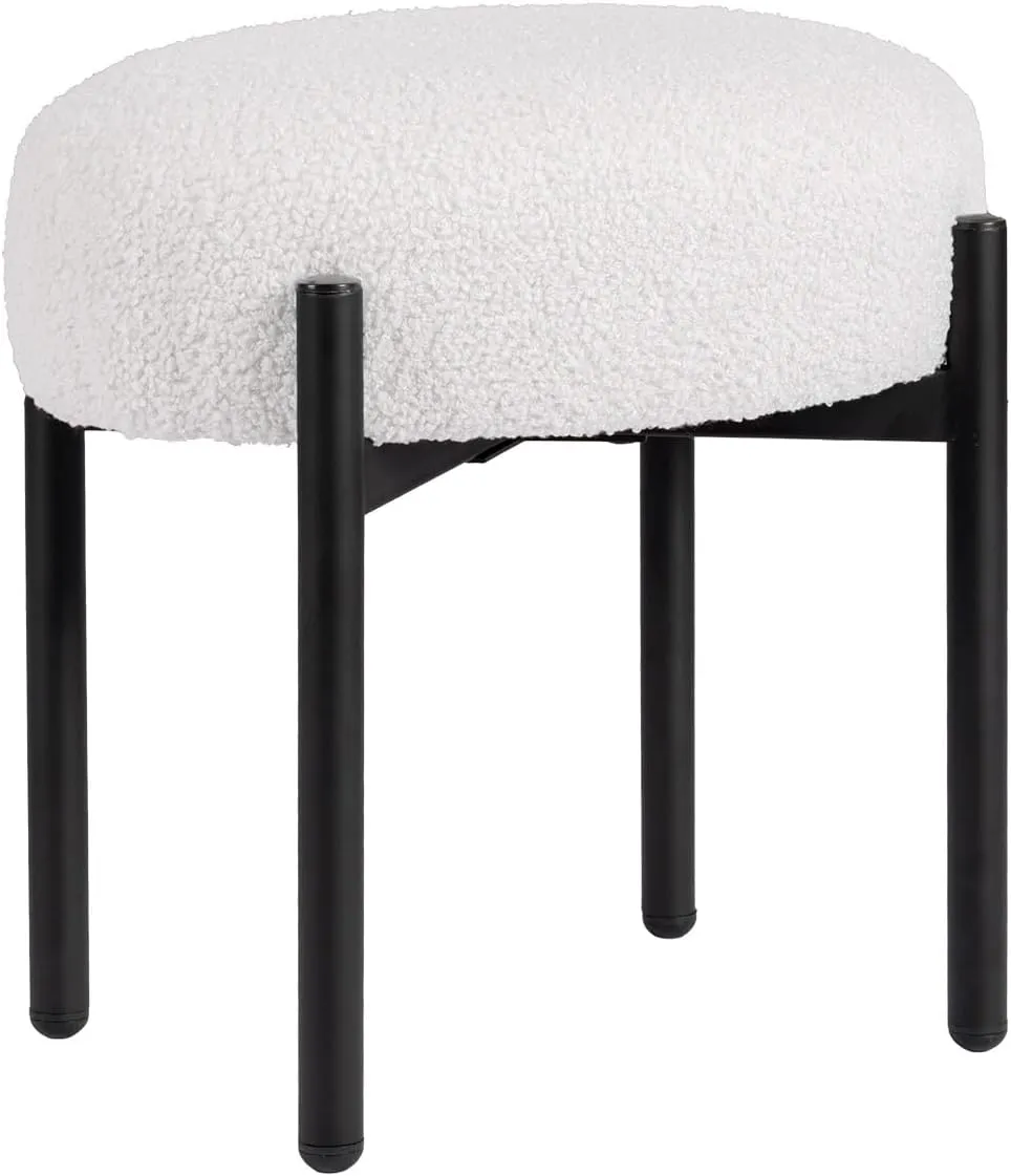 Vanity Stool Chair Faux Teddy Dog Fur, Soft Ottoman Footrest Stool for Vanity, Round Makeup Chair Side Table with Metal Legs, Modern Ottoman Footstool for Bedroom, Living Room, White