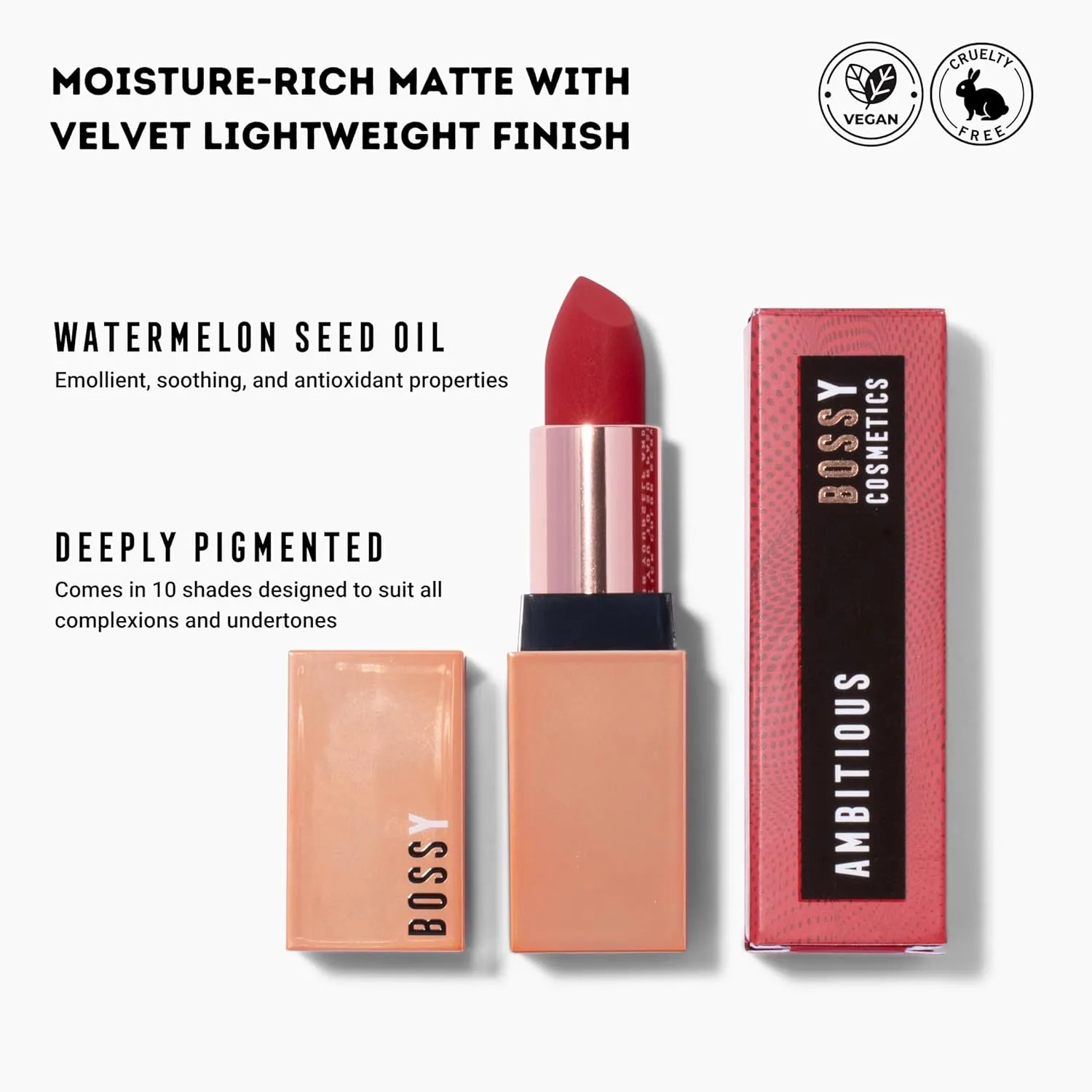 Vegan Lipstick for Women, Matte, Long Lasting, Hydrating Lip Stick with Vitamin E and Watermelon Seed Oil, Vegan Makeup, Paraben and Cruelty Free (Ambitious - Red Color)