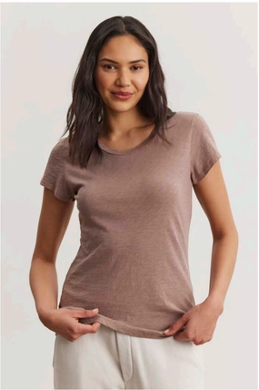 Velvet - Odelia - Cotton Slub Crewneck Short Sleeve Long Top in Oak