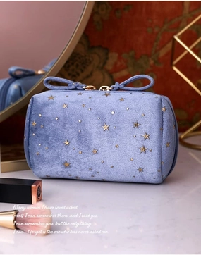 Velvet Makeup Bag Y2K Cosmetic Bag Cutecore Stationery Kawaii Toiletry Bag Aesthetic Travel Pouch with Star Pattern (Blue) (Color : Blue)