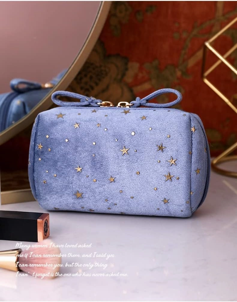 Velvet Makeup Bag Y2K Cosmetic Bag Cutecore Stationery Kawaii Toiletry Bag Aesthetic Travel Pouch with Star Pattern (Blue) (Color : Blue)