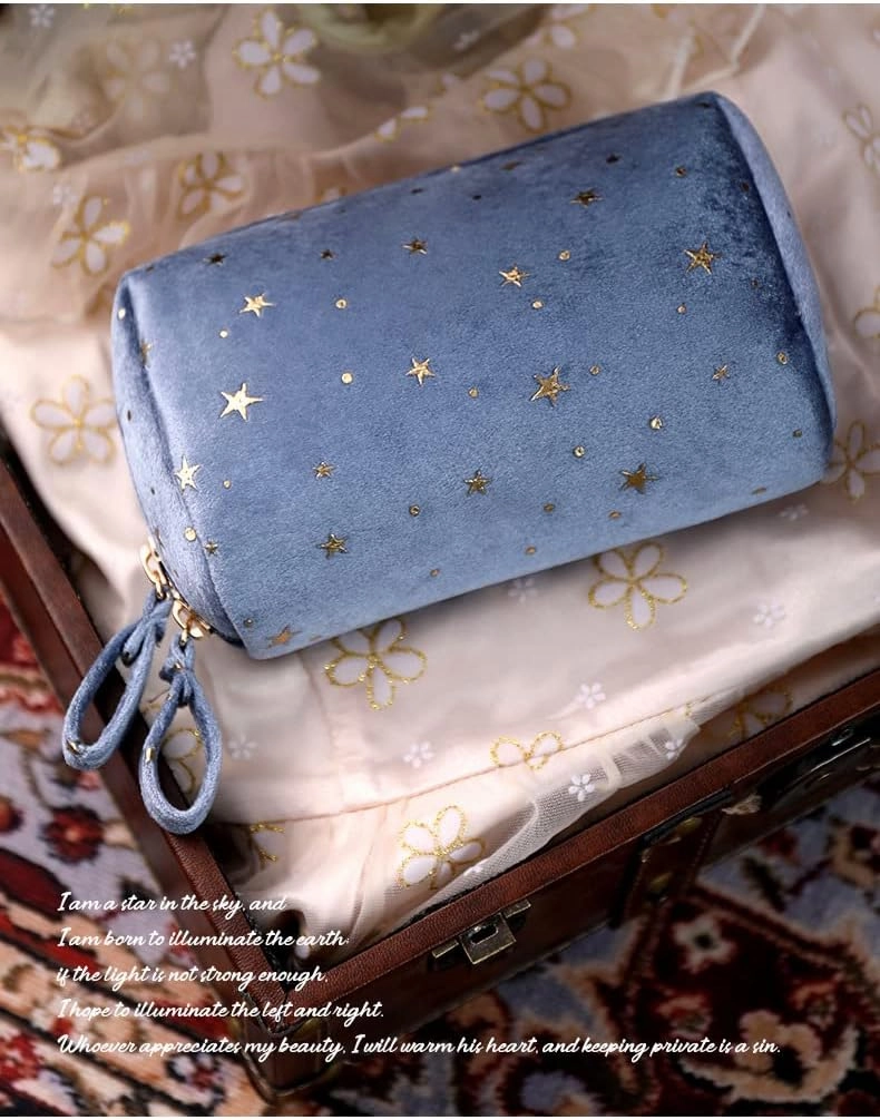 Velvet Makeup Bag Y2K Cosmetic Bag Cutecore Stationery Kawaii Toiletry Bag Aesthetic Travel Pouch with Star Pattern (Blue) (Color : Blue)