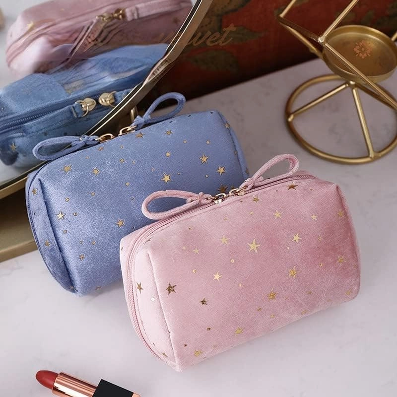 Velvet Makeup Bag Y2K Cosmetic Bag Cutecore Stationery Kawaii Toiletry Bag Aesthetic Travel Pouch with Star Pattern (Blue) (Color : Pink)