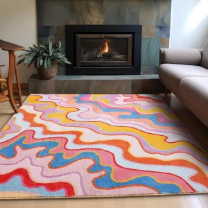 Vintage Abstract 4x6 Area Rug Ultra Thin Light Weight Funky Aesthetic Colorful Striped Non-Slip Living Room Rug Washable Throw Carpet for Kitchen Entryway Bedroom, Orange and Blush