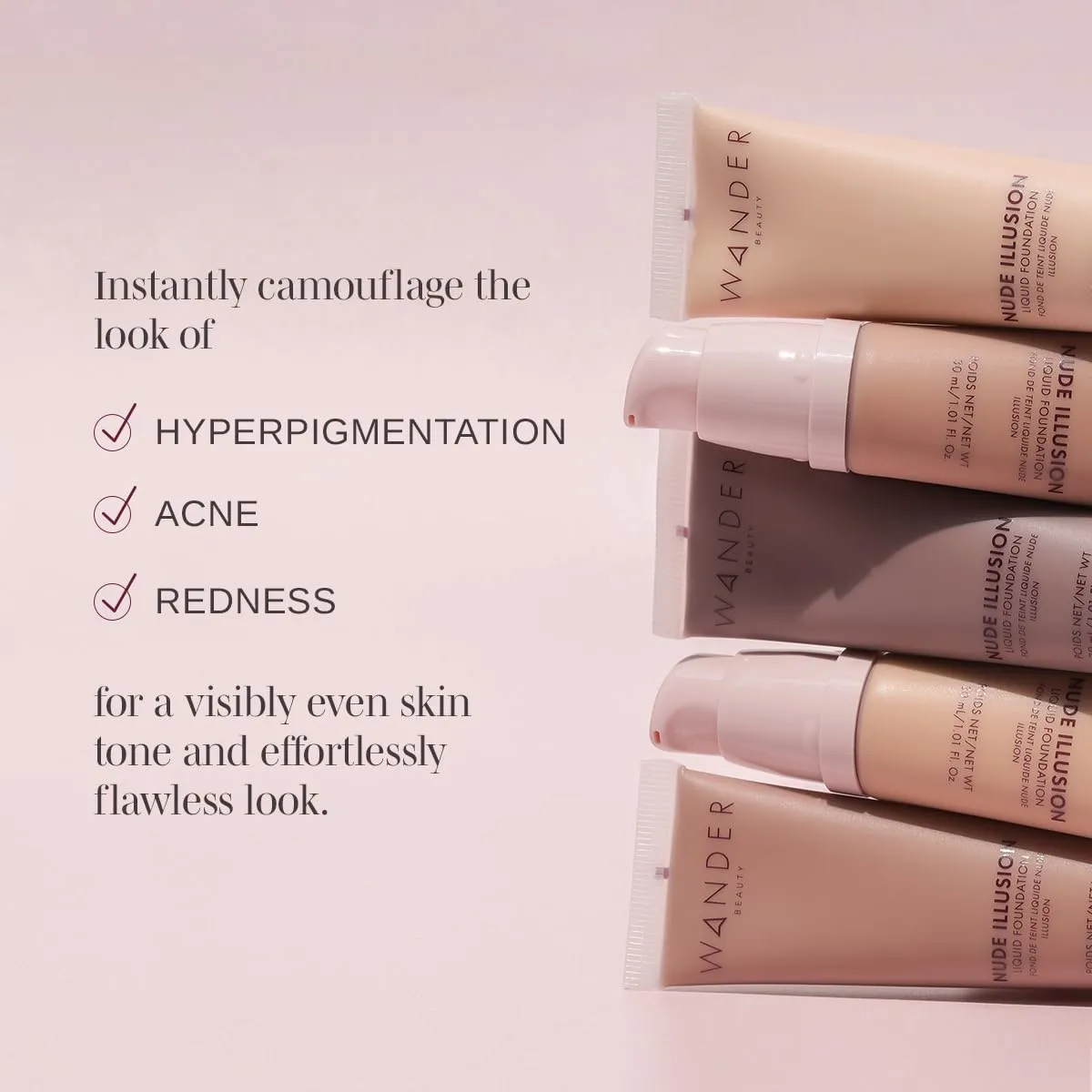 Wander Beauty Nude Illusion Liquid Foundation - Rich Deep - Medium to Full Coverage Foundation - Natural Makeup with Vitamin E & Macadamia - Nude Skin Finish Blurs & Conceals - 1.01 fl oz