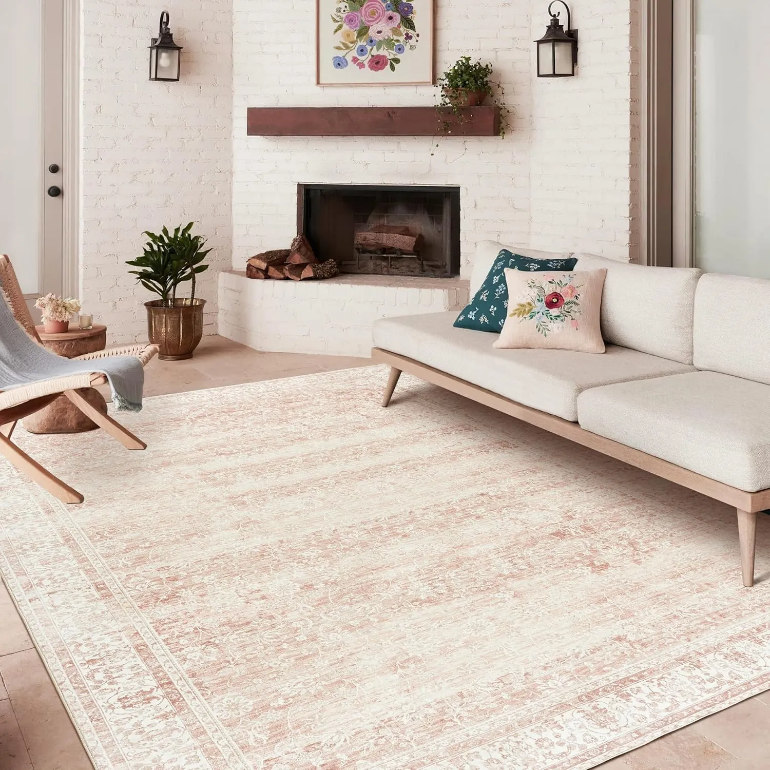 Washable 9x12 Area Rugs for Living Room Big Girls Bedroom Clearance Blush Pink Soft Faux Wool Neutral Boho Floral Extra Large Area Rug for Nursery,9 by 12