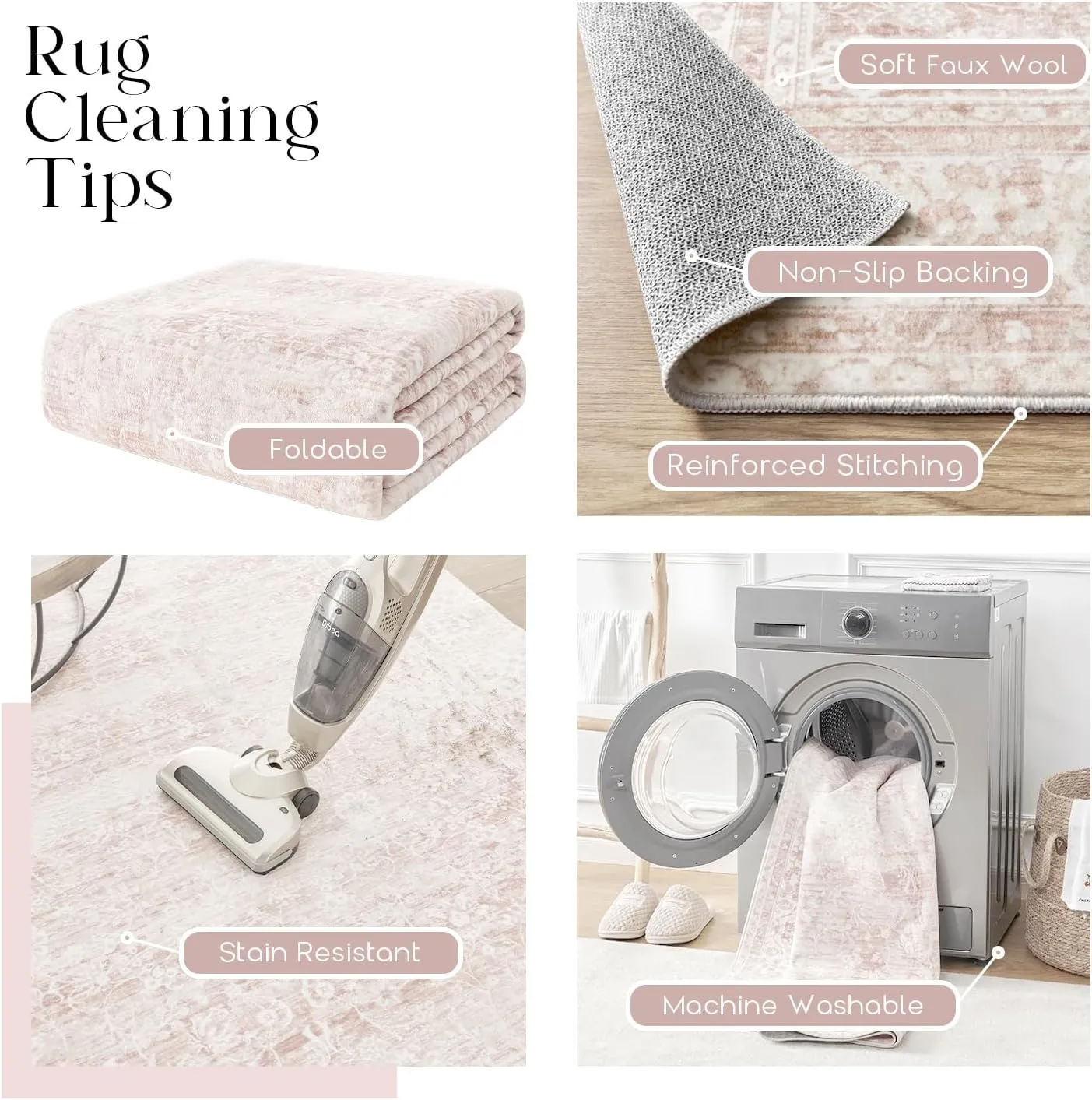 Washable 9x12 Area Rugs for Living Room Big Girls Bedroom Clearance Blush Pink Soft Faux Wool Neutral Boho Floral Extra Large Area Rug for Nursery,9 by 12
