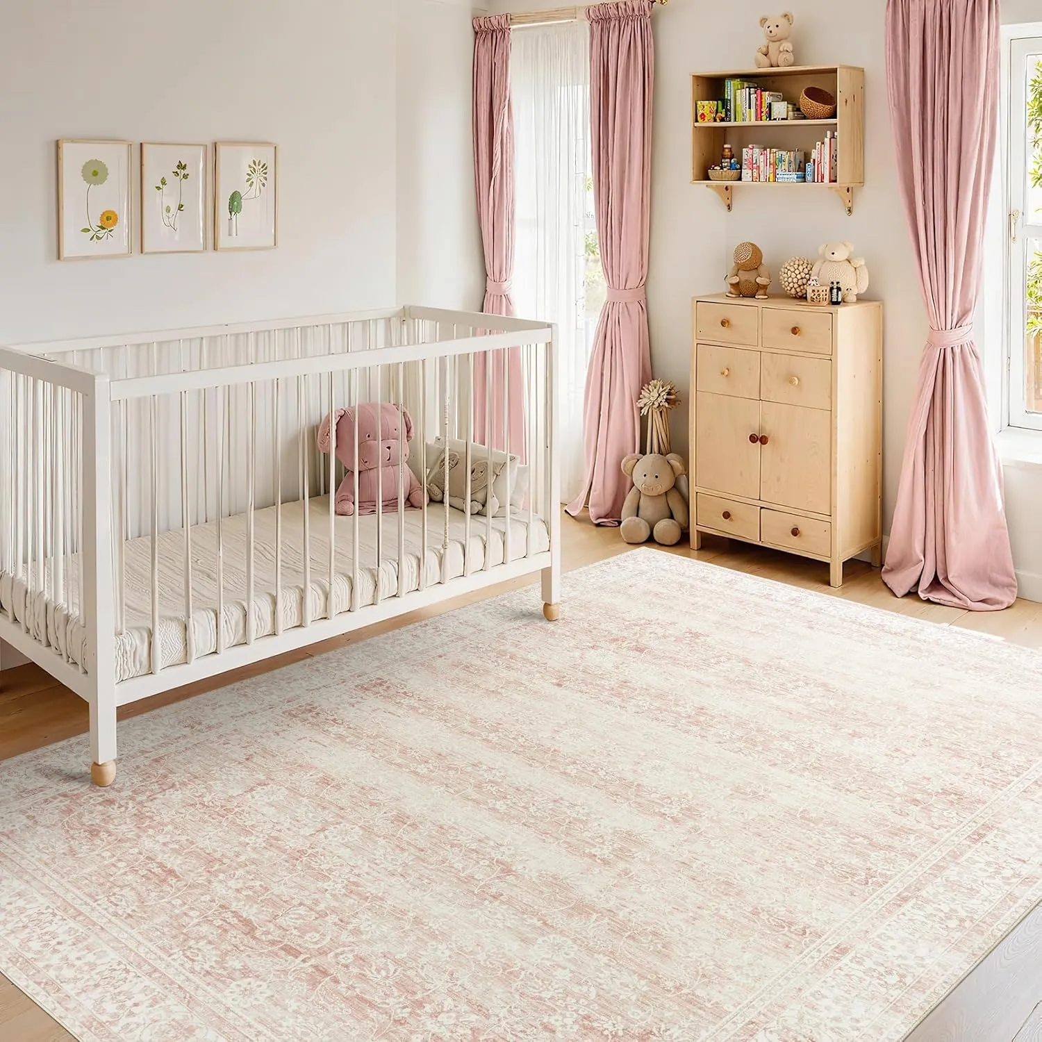 Washable 9x12 Area Rugs for Living Room Big Girls Bedroom Clearance Blush Pink Soft Faux Wool Neutral Boho Floral Extra Large Area Rug for Nursery,9 by 12