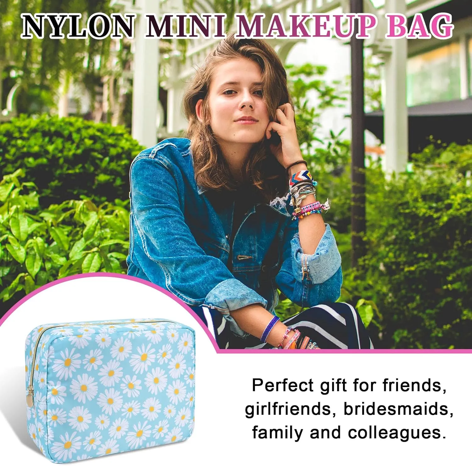 Waterproof Nylon Large Makeup Bag Travel Pouch, Floral Preppy Big Cosmetic Bag Make Up Organizer Toiletry Bag with Zipper, Large Capacity Cute Zipper Pouch Storage Bag for Women Girls(Blue Daisy)