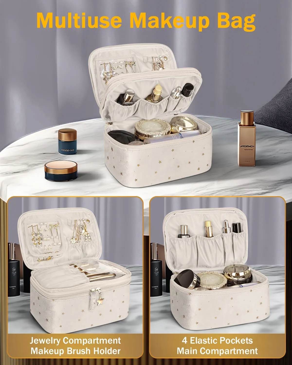 Wedama Makeup Bag, Double-layer Cosmetic Bag with Jewelry Storage and Brush Holders 3 Pcs Velvet Makeup Bag Set Travel Makeup Organizer Bags Portable Cosmetic Case Toiletry Bag for Women Girls, Beige