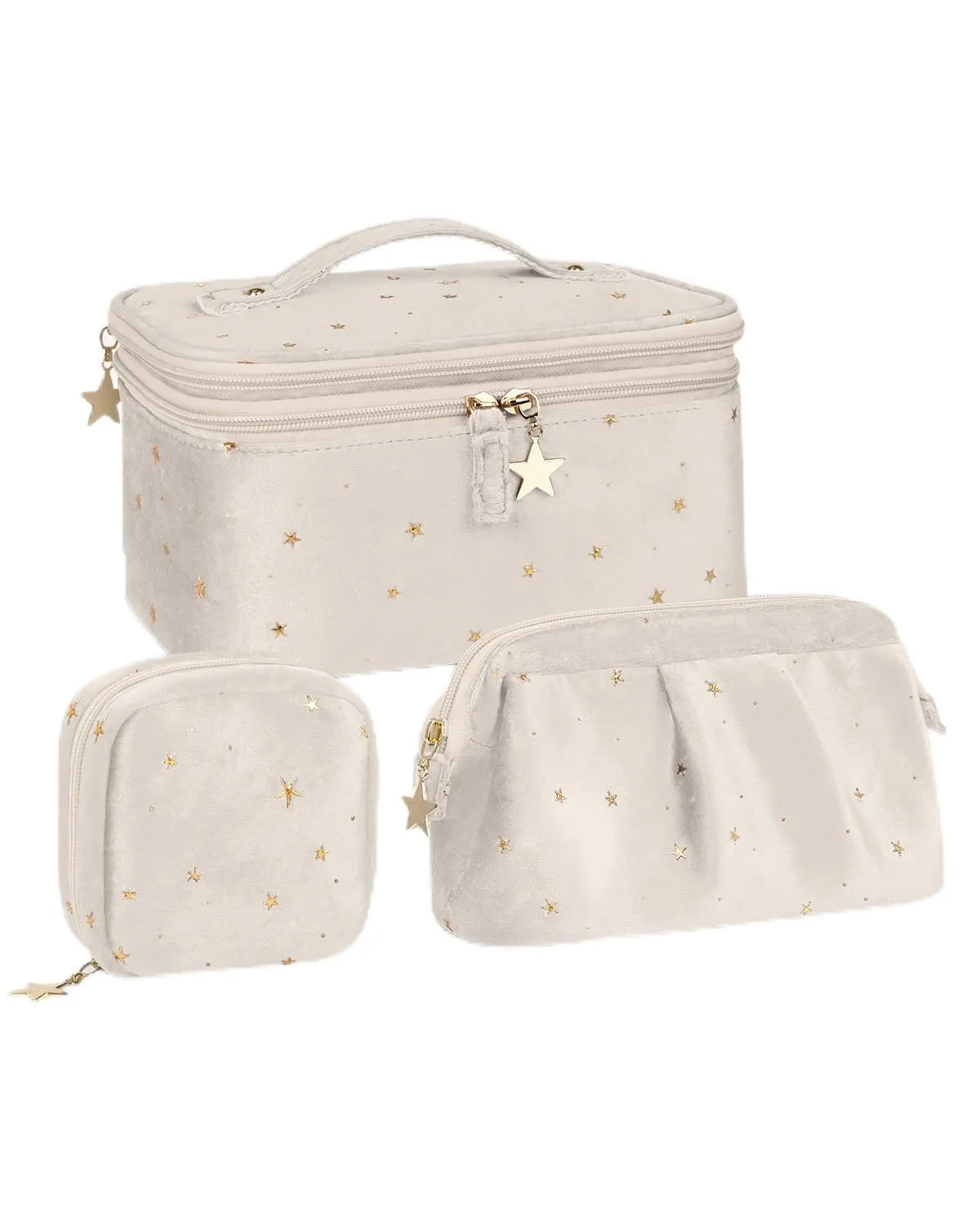 Wedama Makeup Bag, Double-layer Cosmetic Bag with Jewelry Storage and Brush Holders 3 Pcs Velvet Makeup Bag Set Travel Makeup Organizer Bags Portable Cosmetic Case Toiletry Bag for Women Girls, Beige