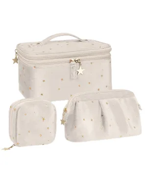 Wedama Makeup Bag, Double-layer Cosmetic Bag with Jewelry Storage and Brush Holders 3 Pcs Velvet Makeup Bag Set Travel Makeup Organizer Bags Portable Cosmetic Case Toiletry Bag for Women Girls, Beige