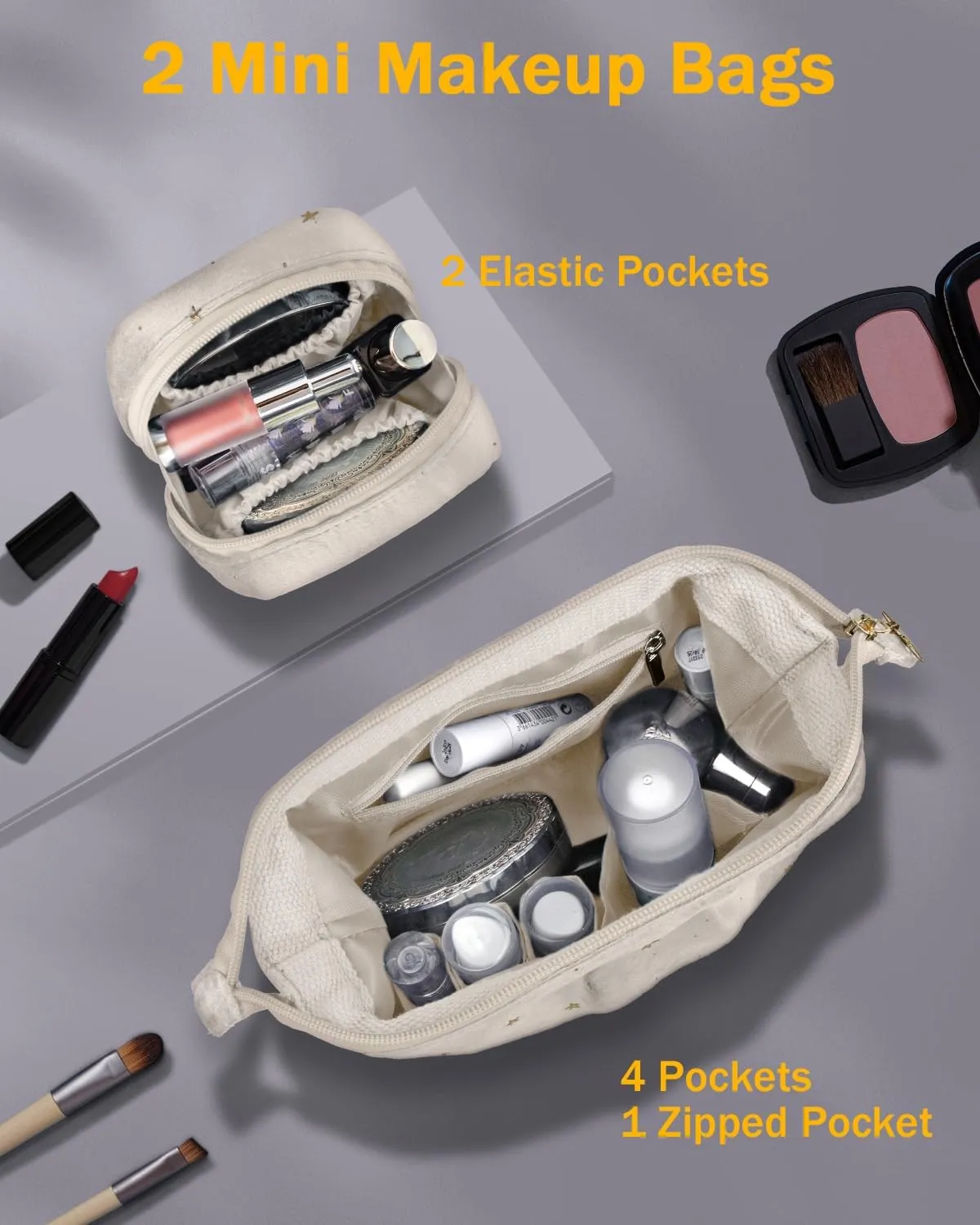 Wedama Makeup Bag, Double-layer Cosmetic Bag with Jewelry Storage and Brush Holders 3 Pcs Velvet Makeup Bag Set Travel Makeup Organizer Bags Portable Cosmetic Case Toiletry Bag for Women Girls, Beige