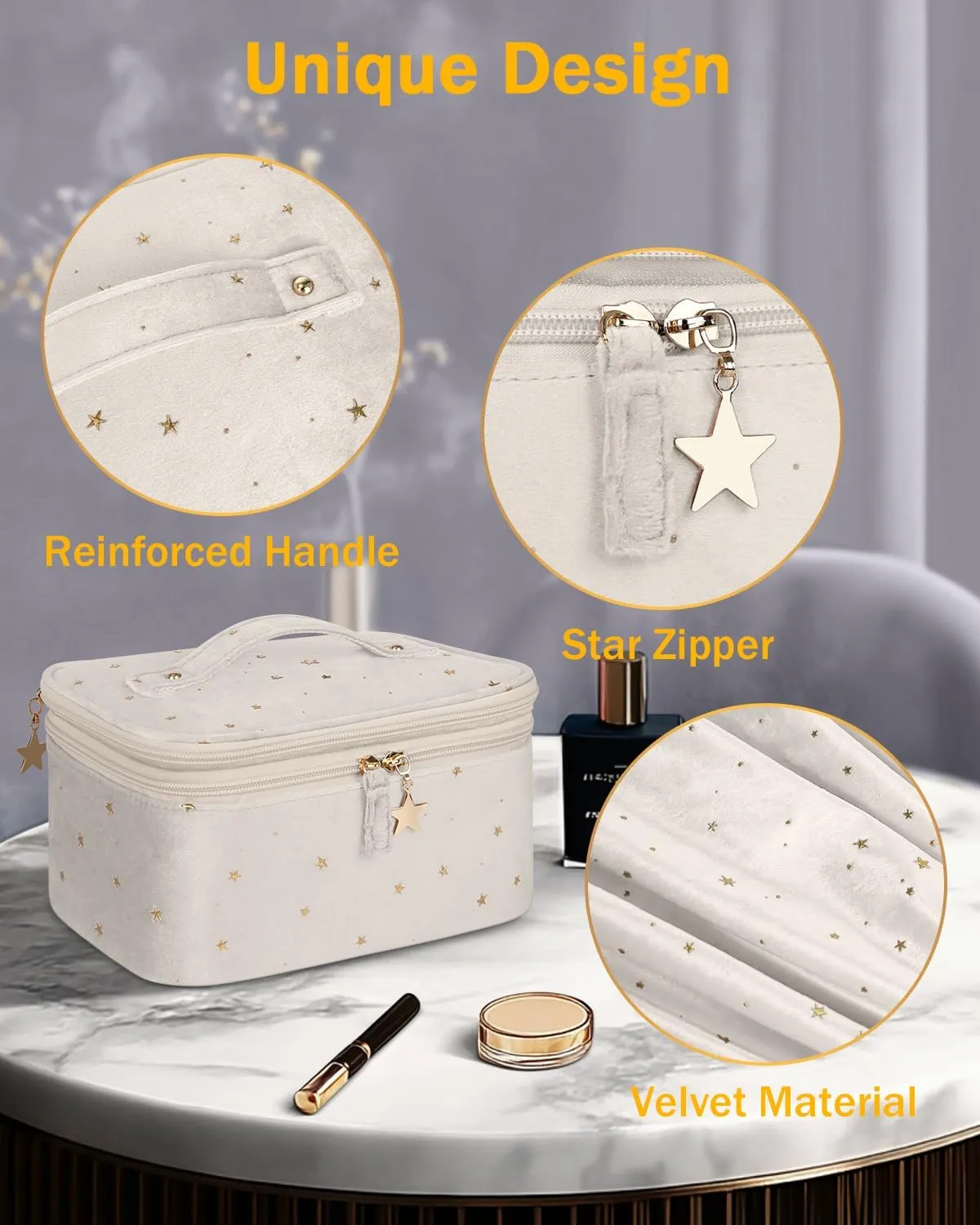 Wedama Makeup Bag, Double-layer Cosmetic Bag with Jewelry Storage and Brush Holders 3 Pcs Velvet Makeup Bag Set Travel Makeup Organizer Bags Portable Cosmetic Case Toiletry Bag for Women Girls, Beige