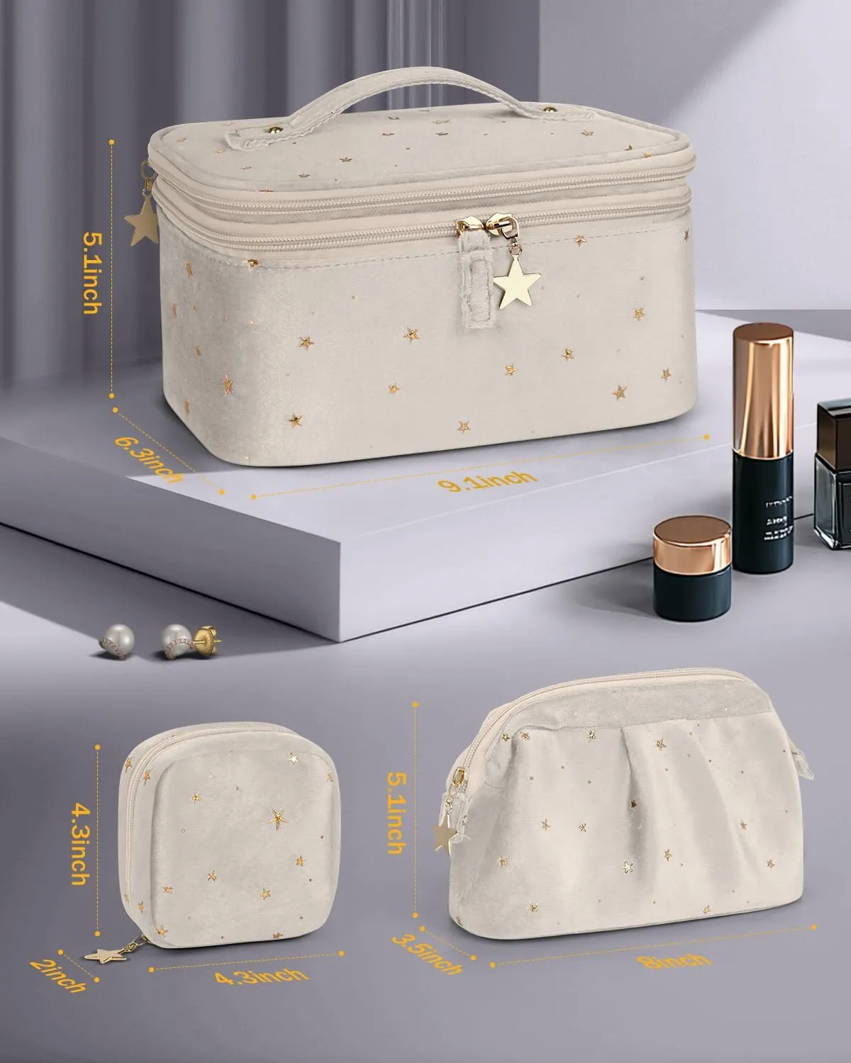 Wedama Makeup Bag, Double-layer Cosmetic Bag with Jewelry Storage and Brush Holders 3 Pcs Velvet Makeup Bag Set Travel Makeup Organizer Bags Portable Cosmetic Case Toiletry Bag for Women Girls, Beige