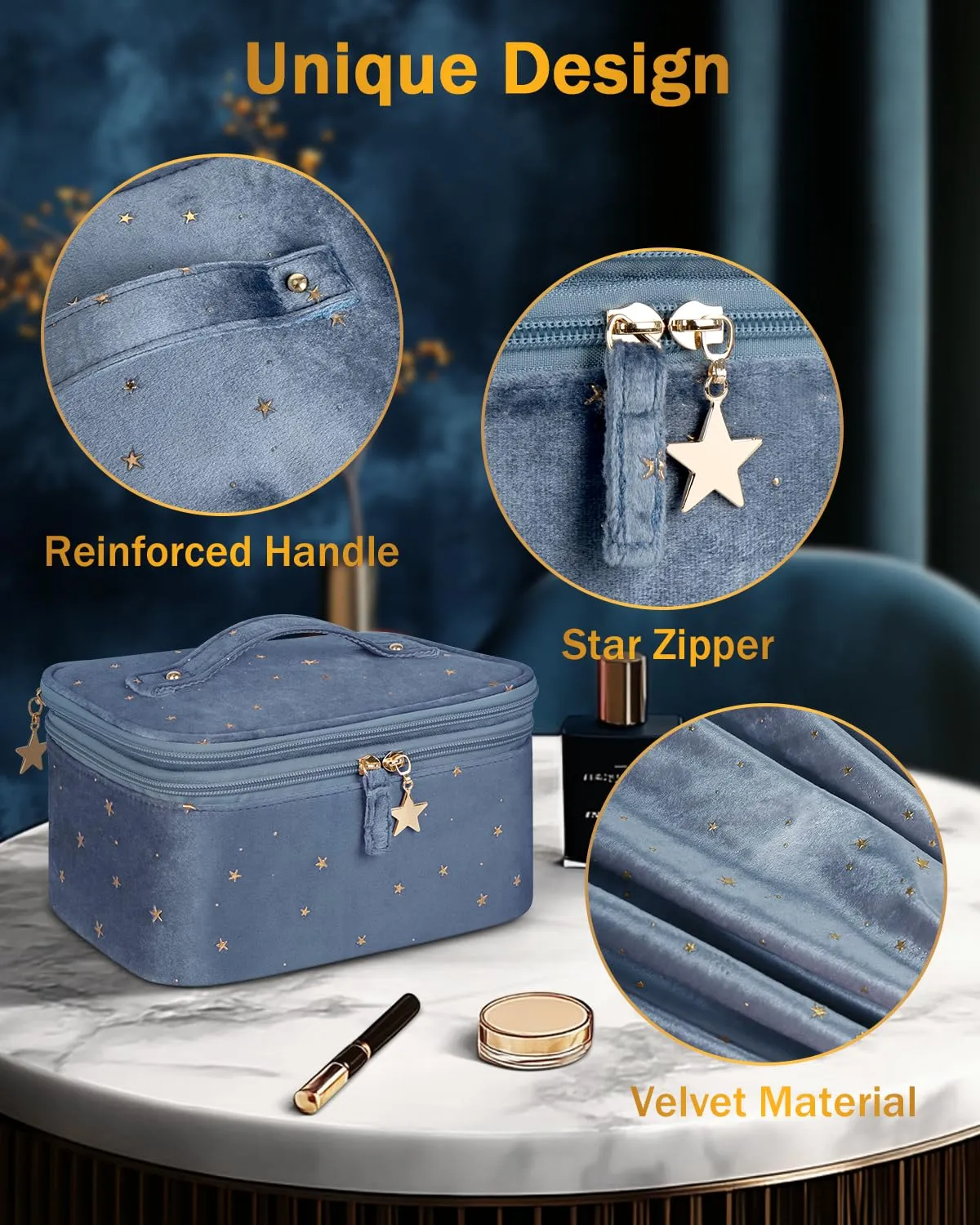 Wedama Makeup Bag Gift for Women, Double-layer Cosmetic Bag with Jewelry Storage and Brush Holder 3 Pcs Velvet Makeup Organizer Bag Gift Set Travel Toiletry Bag for Women Girls, Blue