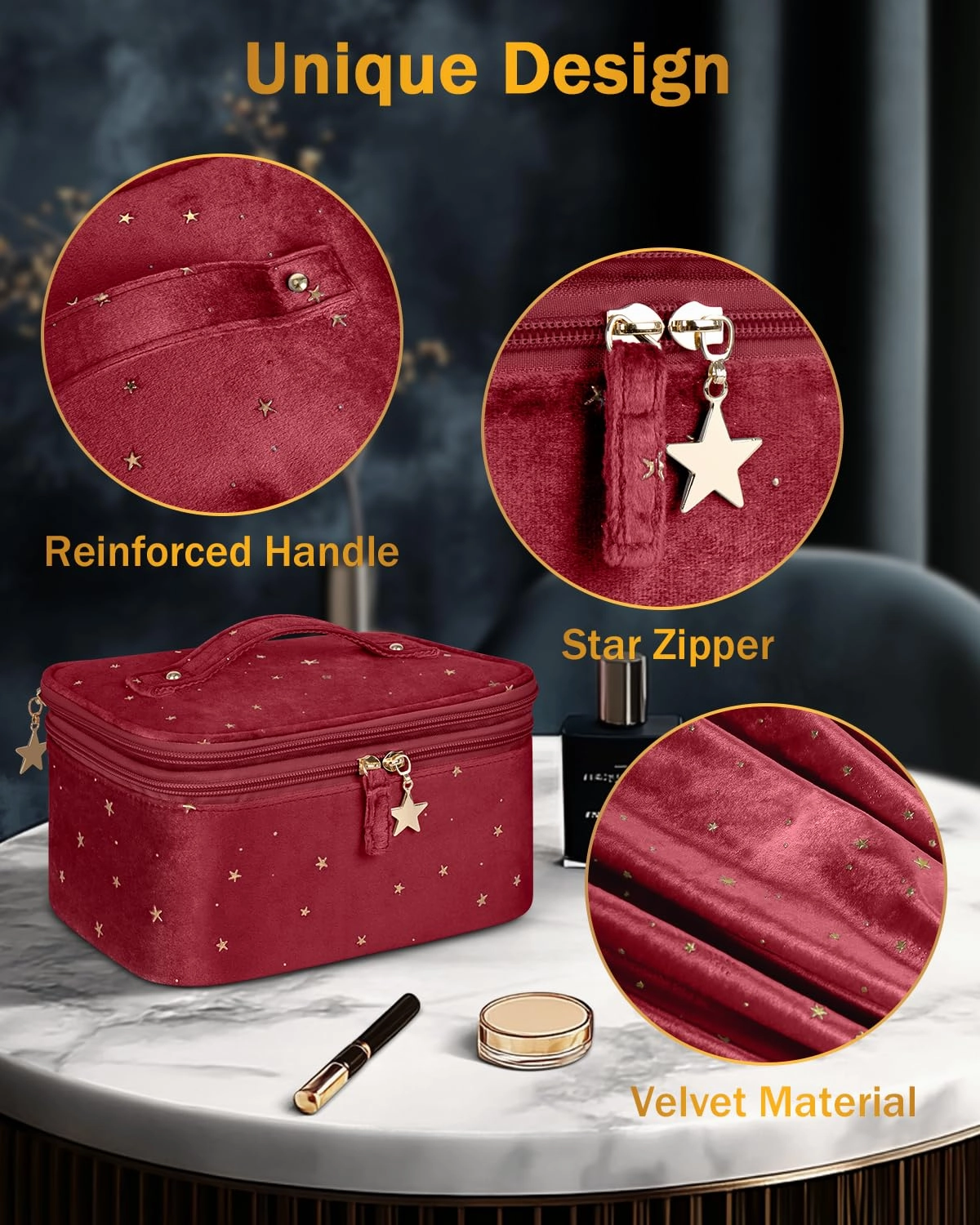 Wedama Makeup Bag, Double-layer Cosmetic Bag with Jewelry Storage and Brush Holders 3 Pcs Velvet Makeup Bag Set Travel Makeup Organizer Bags Portable Cosmetic Case Toiletry Bag for Women Girls, Red