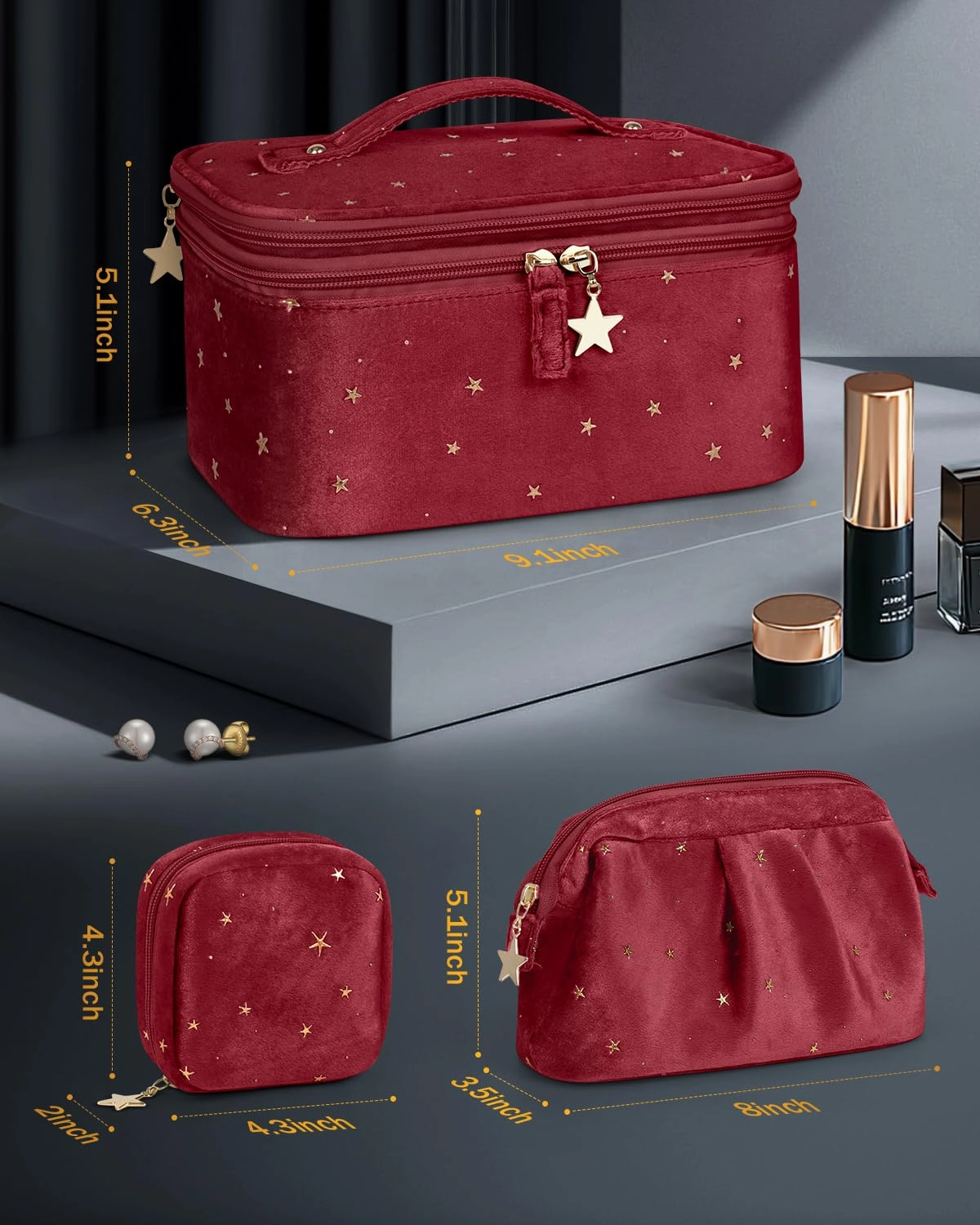 Wedama Makeup Bag, Double-layer Cosmetic Bag with Jewelry Storage and Brush Holders 3 Pcs Velvet Makeup Bag Set Travel Makeup Organizer Bags Portable Cosmetic Case Toiletry Bag for Women Girls, Red