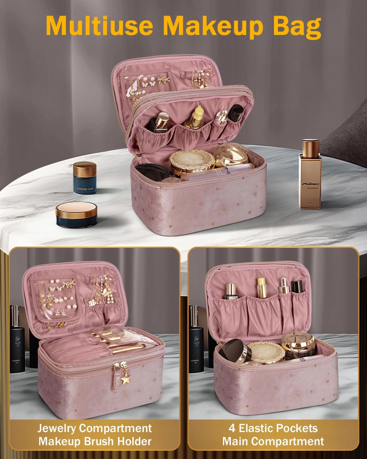 Wedama Makeup Bag Gift for Women, Double-layer Cosmetic Bag with Jewelry Storage and Brush Holder 3 Pcs Velvet Makeup Organizer Bag Gift Set Travel Toiletry Bag for Women Girls, Pink