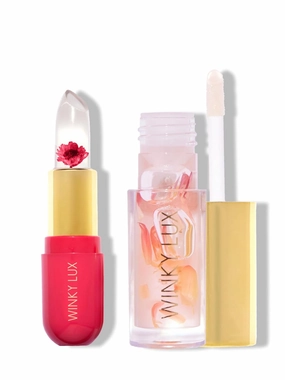 Winky Lux Winter Blossom Pink Lip Kit, Includes Pink Flower Ph Lip Balm & Flower Petail Clear Lip Oil, Ph Color Changing Lipstick Kit