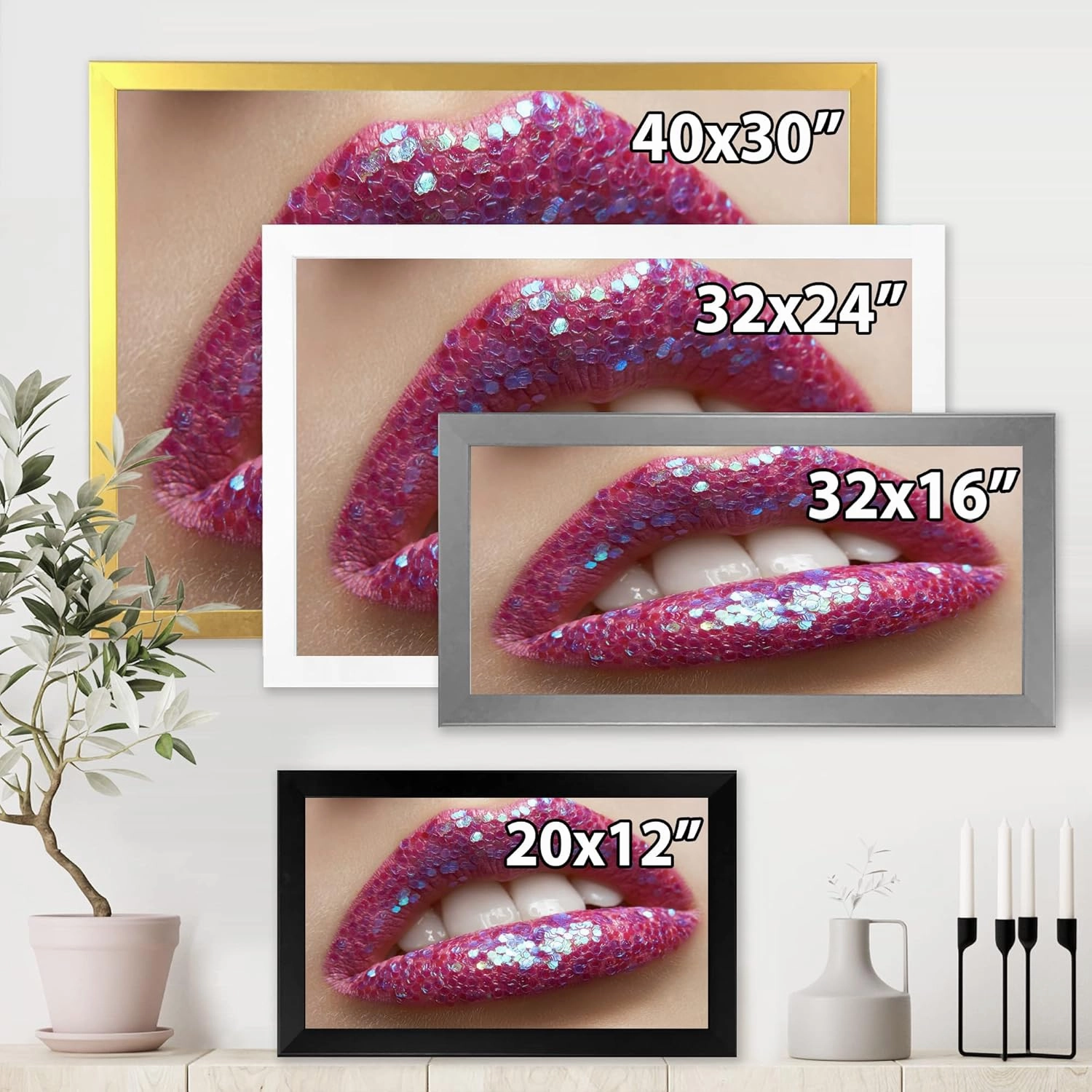 Woman Female Lips Pink Lipstick and Sequins Modern Framed Wall Art