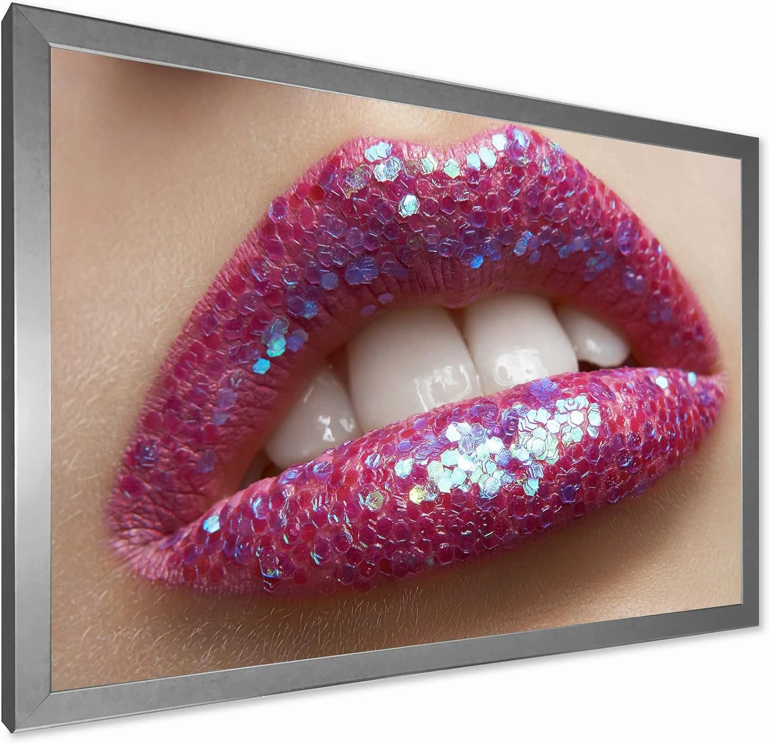 Woman Female Lips Pink Lipstick and Sequins Modern Framed Wall Art