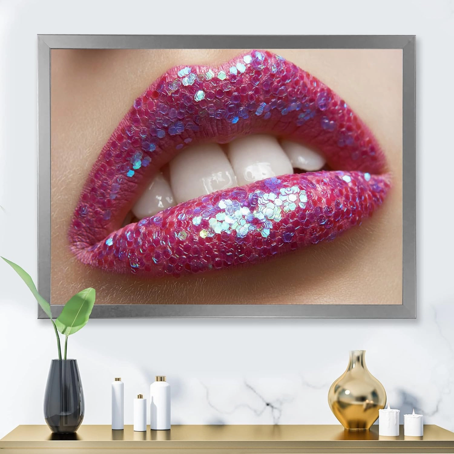 Woman Female Lips Pink Lipstick and Sequins Modern Framed Wall Art