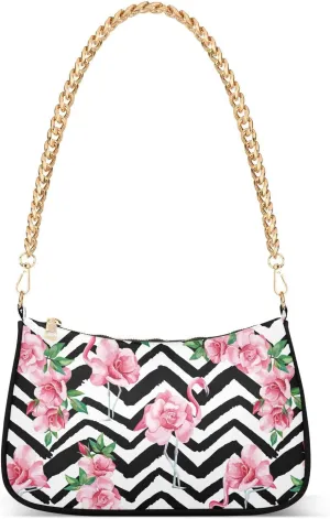 Women Chain Shoulder Purse Bag With Zipper Tropic Pink Flamingo Print, Rose Flower Hobo Tote Clutch Handbags with Chain Strap