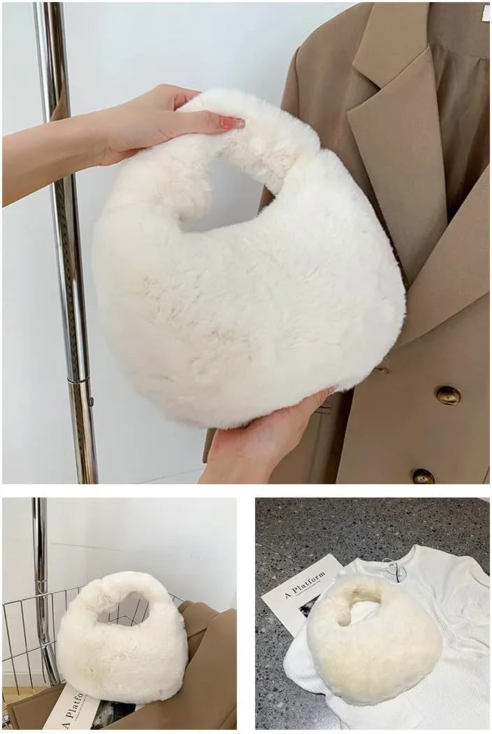 Women Plush Tote Bag Fluffy Underarm Purse Faux Fur Shoulder Handbag Fuzzy Tied Bag Winter Christmas Gifts