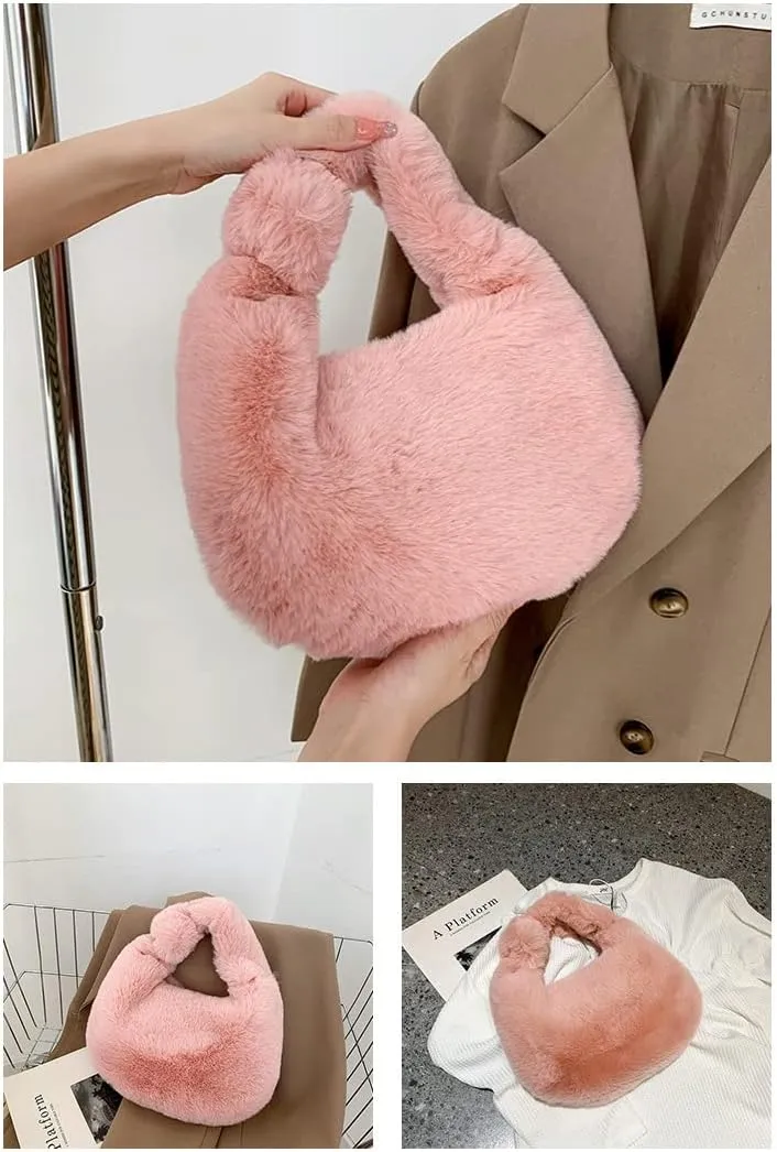 Women Plush Tote Bag Fluffy Underarm Purse Faux Fur Shoulder Handbag Fuzzy Tied Bag Winter Christmas Gifts