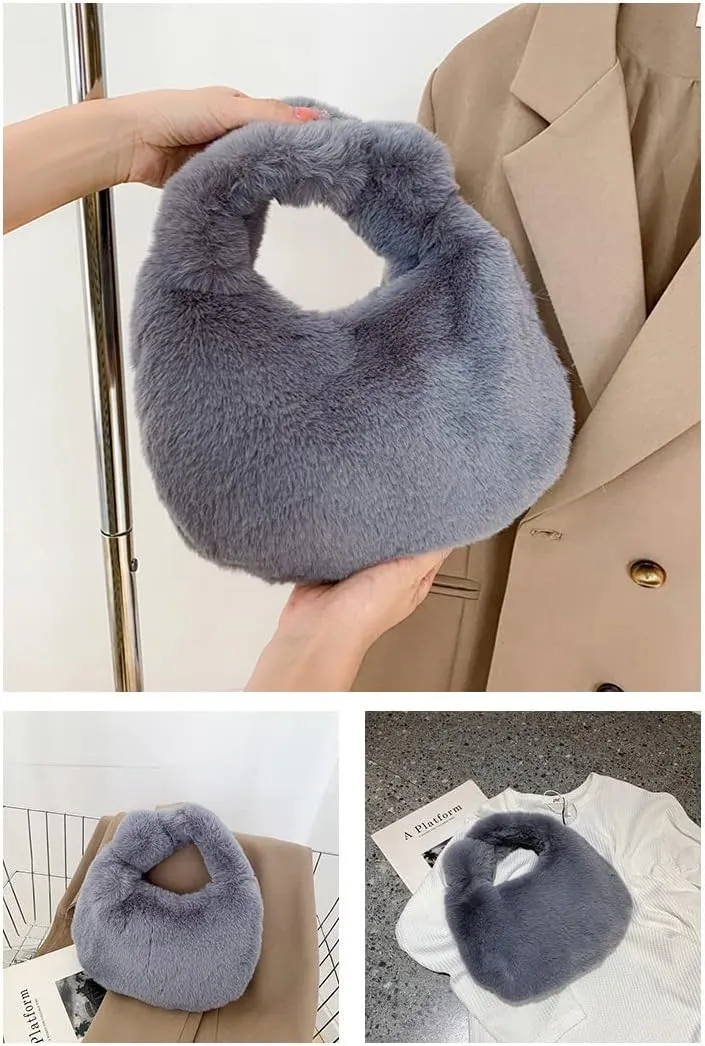 Women Plush Tote Bag Fluffy Underarm Purse Faux Fur Shoulder Handbag Fuzzy Tied Bag Winter Christmas Gifts