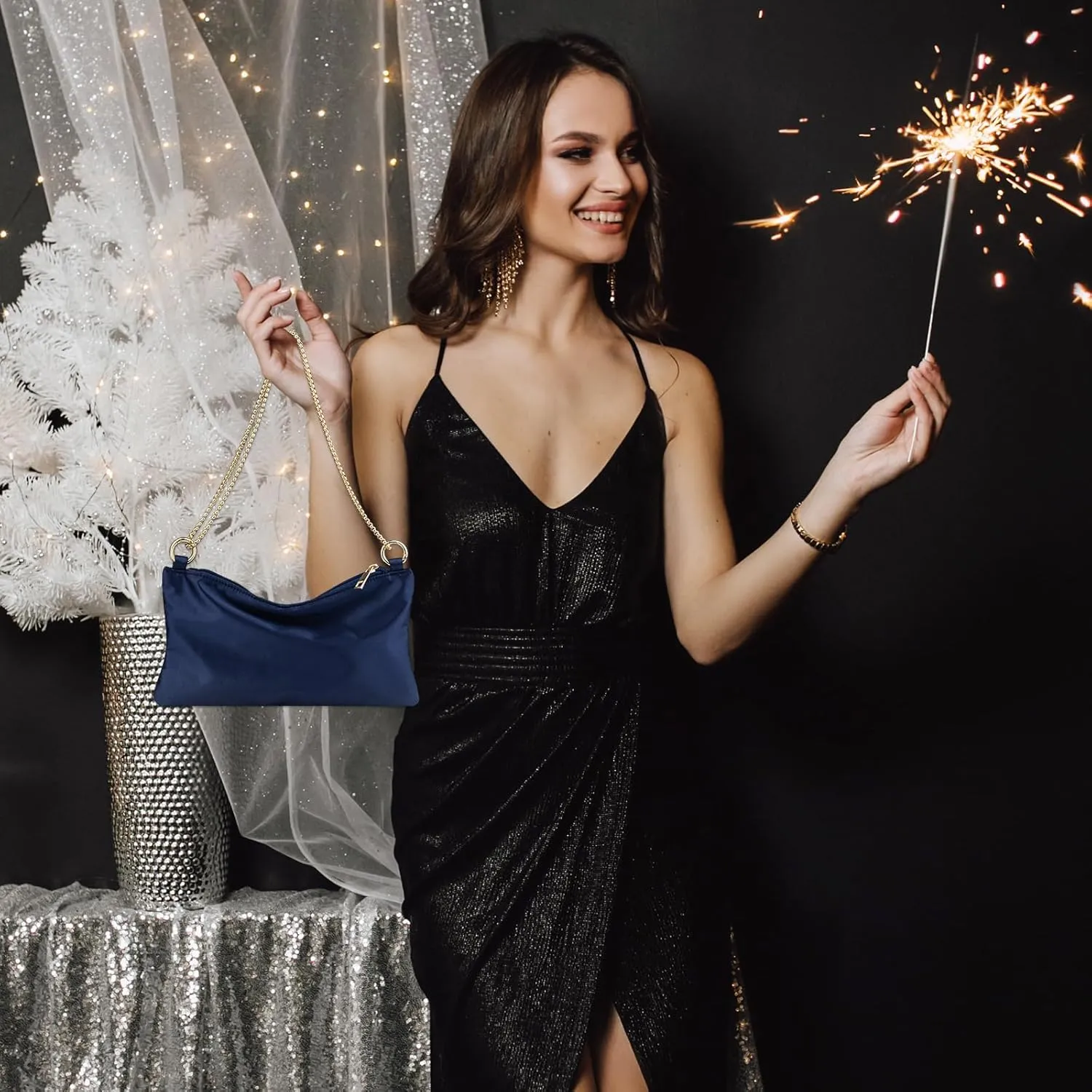 Women Satin Evening Handbag Wedding Prom Clutch Purse Formal Cocktail Party Clutches Shoulder Bag with 2 Bag Chains