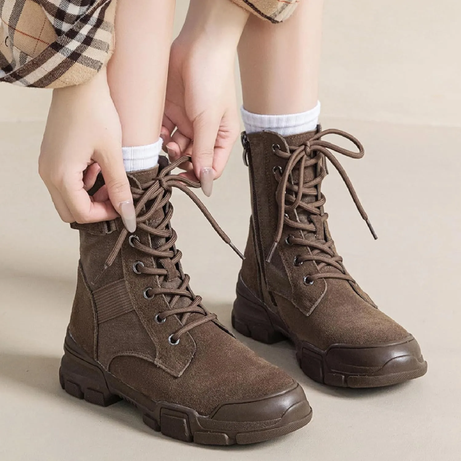 Women's Canvas Chunky Platform Military Work Ankle Boots with Side Zipper Retro Comfortable Round Toe Lace Up Non-slip Combat Booties for Fall Winter Daily Casual Boots