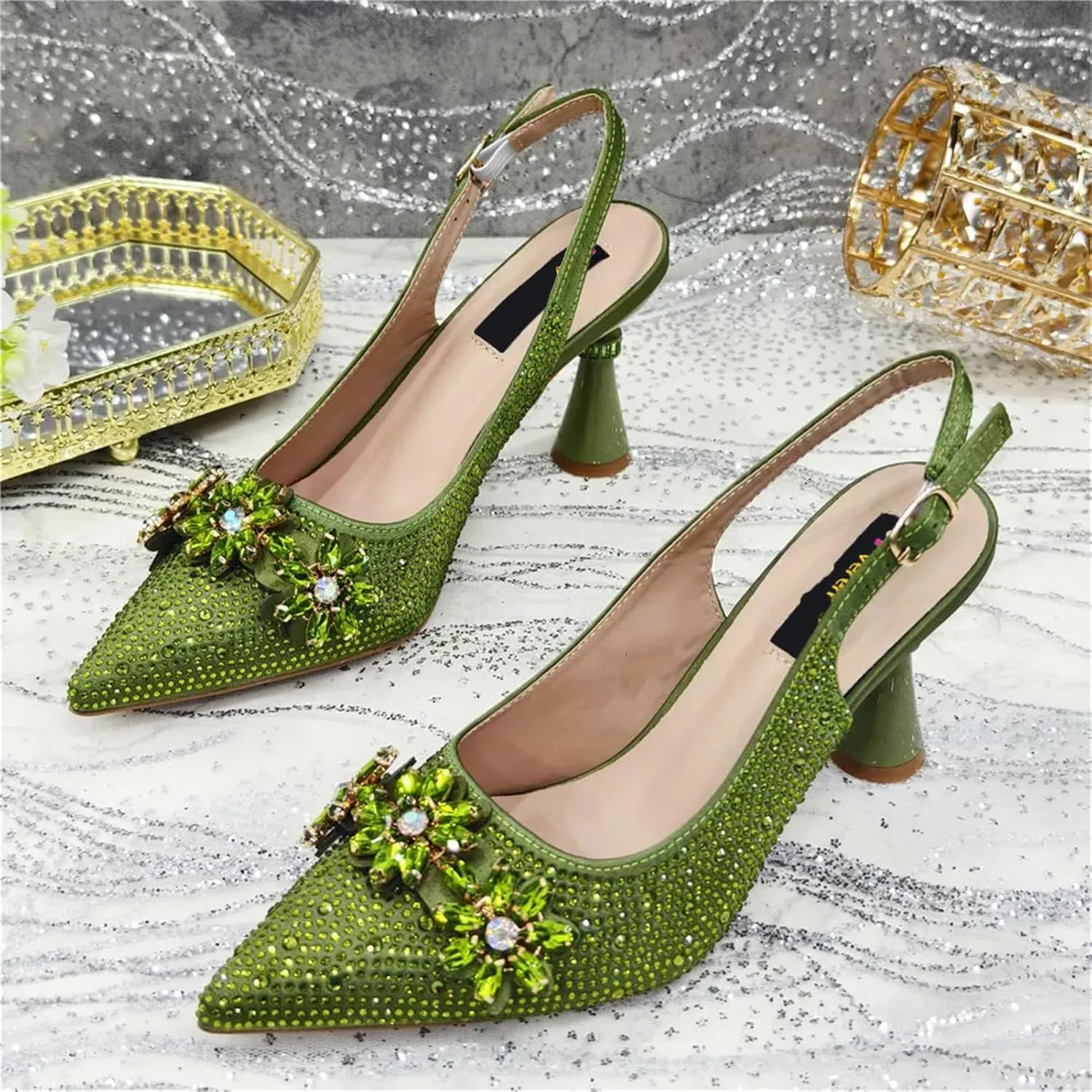 Women's Elegant Pointed-Toe Set - Full Rhinestone Pumps & Gold-Tone Clutch for Luxury Bridal Entrances