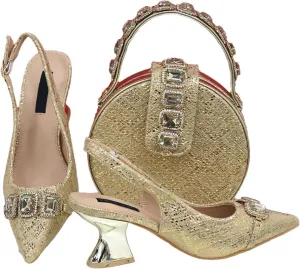 Women's Golden Lace Bridal Set - Breathable Fabric Heels & Tassel-Trimmed Clutch for Summer Weddings