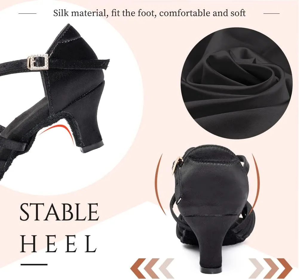 Women's Latin Dance Shoes Satin Professional Ballroom Salsa Practice Performance Dance Heels,Model EM1219