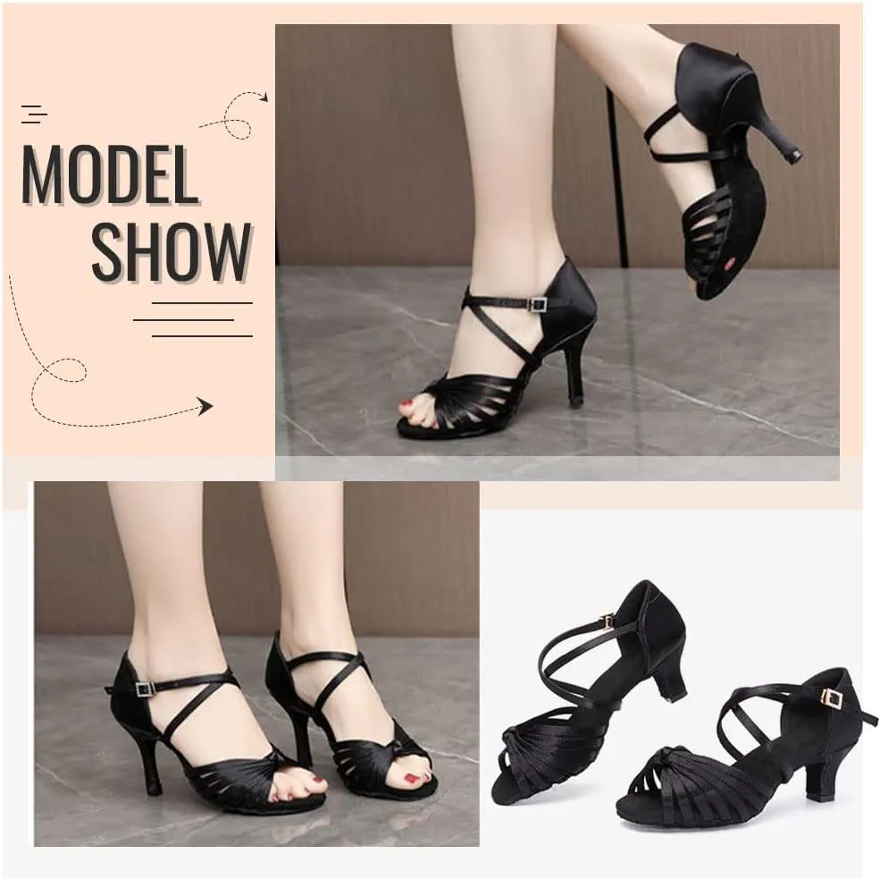 Women's Latin Dance Shoes Satin Professional Ballroom Salsa Practice Performance Dance Heels,Model EM1219